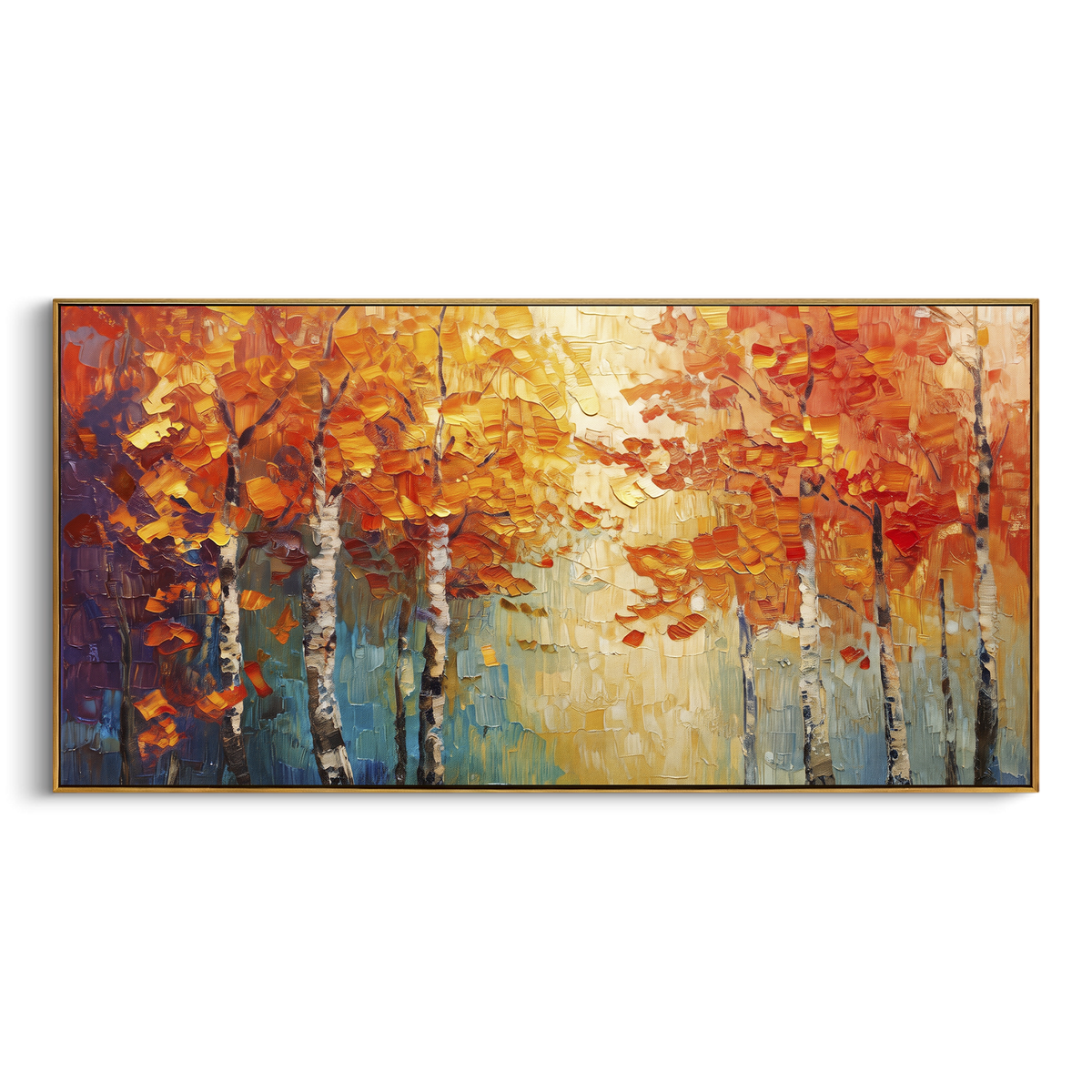 ARTWORK DETAILS Red Gold Forest Band Painting is built from the actual artwork image: red and gold tree band glowing across a pale forest. The composition uses raised texture to separate tree trunks, leaf masses, ground movement, and soft background atmosphere, so the surface reads with real hand-painted depth from different viewing angles. The color direction is red, yellow, green, chosen to keep the autumn mood warm while still leaving enough pale air and cool contrast for modern interiors.