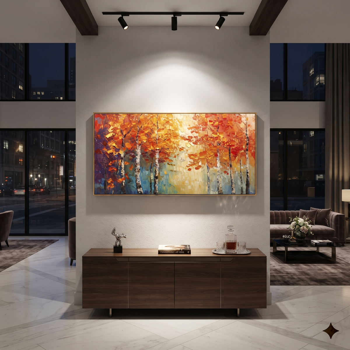ARTWORK DETAILS Red Gold Forest Band Painting is built from the actual artwork image: red and gold tree band glowing across a pale forest. The composition uses raised texture to separate tree trunks, leaf masses, ground movement, and soft background atmosphere, so the surface reads with real hand-painted depth from different viewing angles. The color direction is red, yellow, green, chosen to keep the autumn mood warm while still leaving enough pale air and cool contrast for modern interiors.