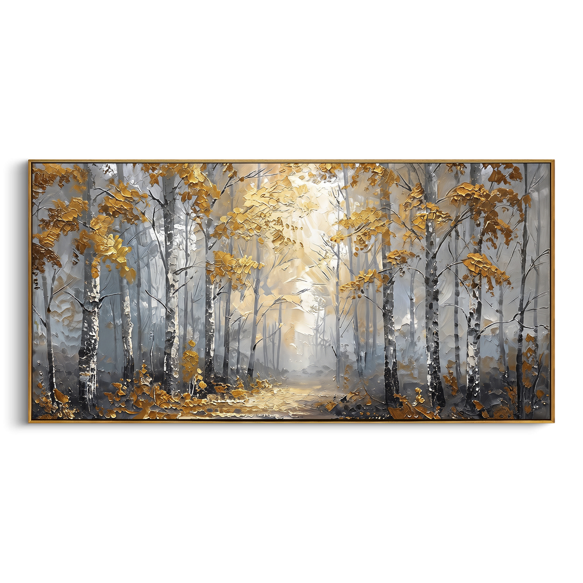 "Silver Woodland Road" - Modern Heavy Impasto Landscape Artwork | Gray & Yellow Palette Knife Painting | Luxury Horizontal Wall Art #PT 2270