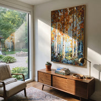 ARTWORK DETAILS Aqua Copper Birch Column Painting is built from the actual artwork image: aqua ground with copper leaves and tall white birch columns. The composition uses raised texture to separate tree trunks, leaf masses, ground movement, and soft background atmosphere, so the surface reads with real hand-painted depth from different viewing angles. The color direction is blue, orange, white, chosen to keep the autumn mood warm while still leaving enough pale air and cool contrast for modern
