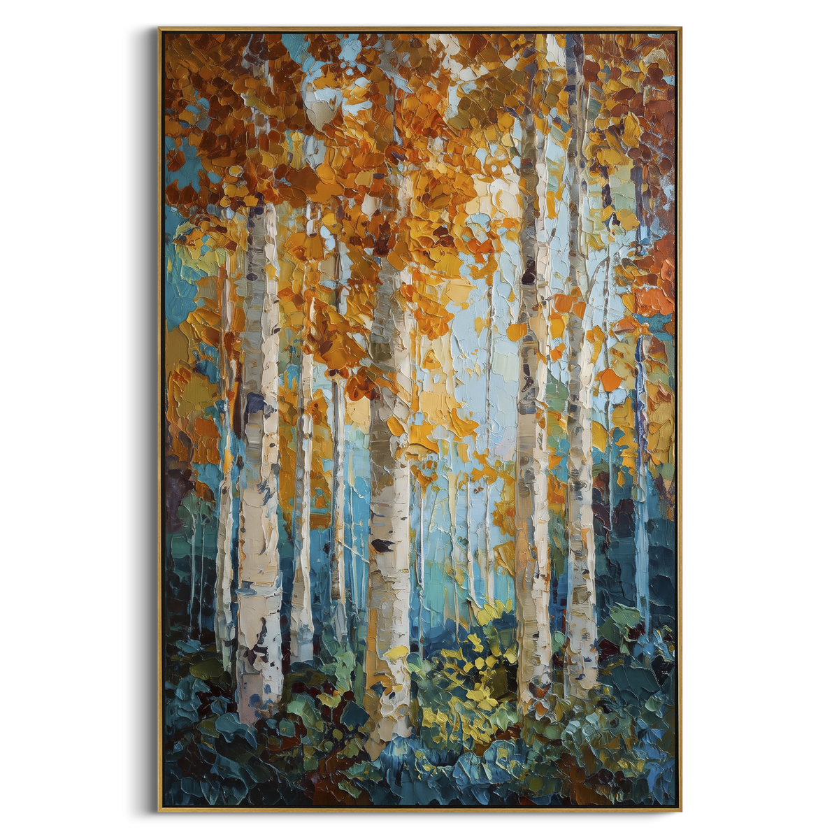 ARTWORK DETAILS Aqua Copper Birch Column Painting is built from the actual artwork image: aqua ground with copper leaves and tall white birch columns. The composition uses raised texture to separate tree trunks, leaf masses, ground movement, and soft background atmosphere, so the surface reads with real hand-painted depth from different viewing angles. The color direction is blue, orange, white, chosen to keep the autumn mood warm while still leaving enough pale air and cool contrast for modern