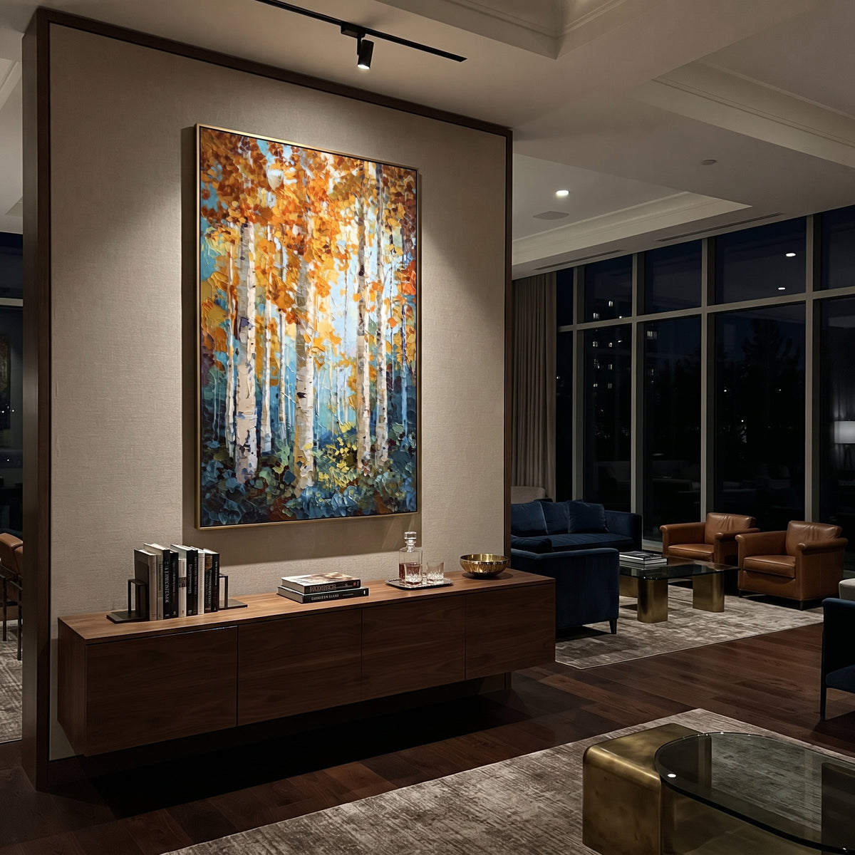 ARTWORK DETAILS Aqua Copper Birch Column Painting is built from the actual artwork image: aqua ground with copper leaves and tall white birch columns. The composition uses raised texture to separate tree trunks, leaf masses, ground movement, and soft background atmosphere, so the surface reads with real hand-painted depth from different viewing angles. The color direction is blue, orange, white, chosen to keep the autumn mood warm while still leaving enough pale air and cool contrast for modern