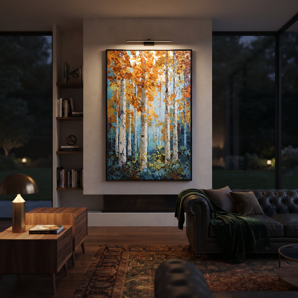 ARTWORK DETAILS Aqua Copper Birch Column Painting is built from the actual artwork image: aqua ground with copper leaves and tall white birch columns. The composition uses raised texture to separate tree trunks, leaf masses, ground movement, and soft background atmosphere, so the surface reads with real hand-painted depth from different viewing angles. The color direction is blue, orange, white, chosen to keep the autumn mood warm while still leaving enough pale air and cool contrast for modern