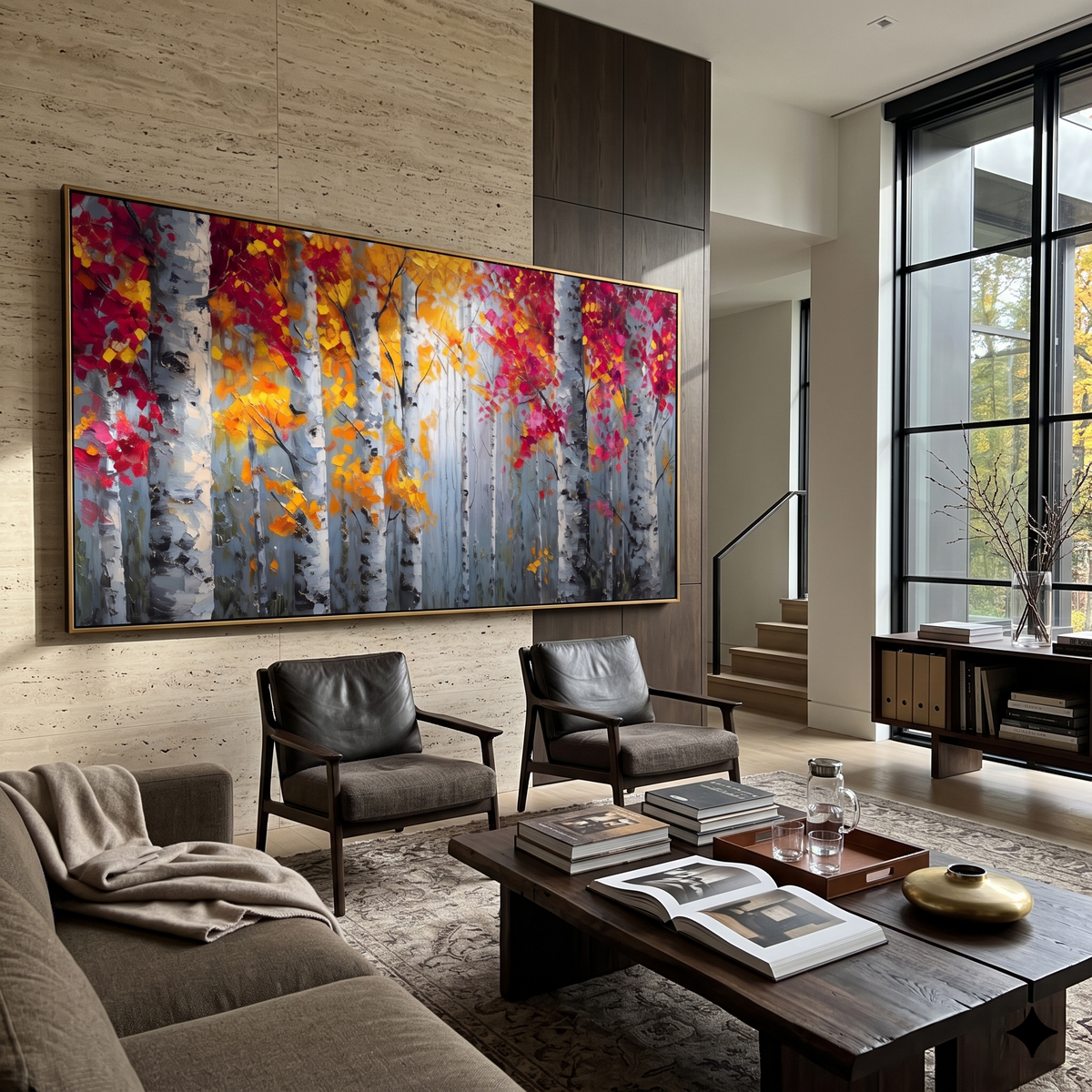 ARTWORK DETAILS Crimson Birch Gray Field Painting is built from the actual artwork image: crimson and orange leaves set against a gray birch field. The composition uses raised texture to separate tree trunks, leaf masses, ground movement, and soft background atmosphere, so the surface reads with real hand-painted depth from different viewing angles. The color direction is red, orange, gray, chosen to keep the autumn mood warm while still leaving enough pale air and cool contrast for modern