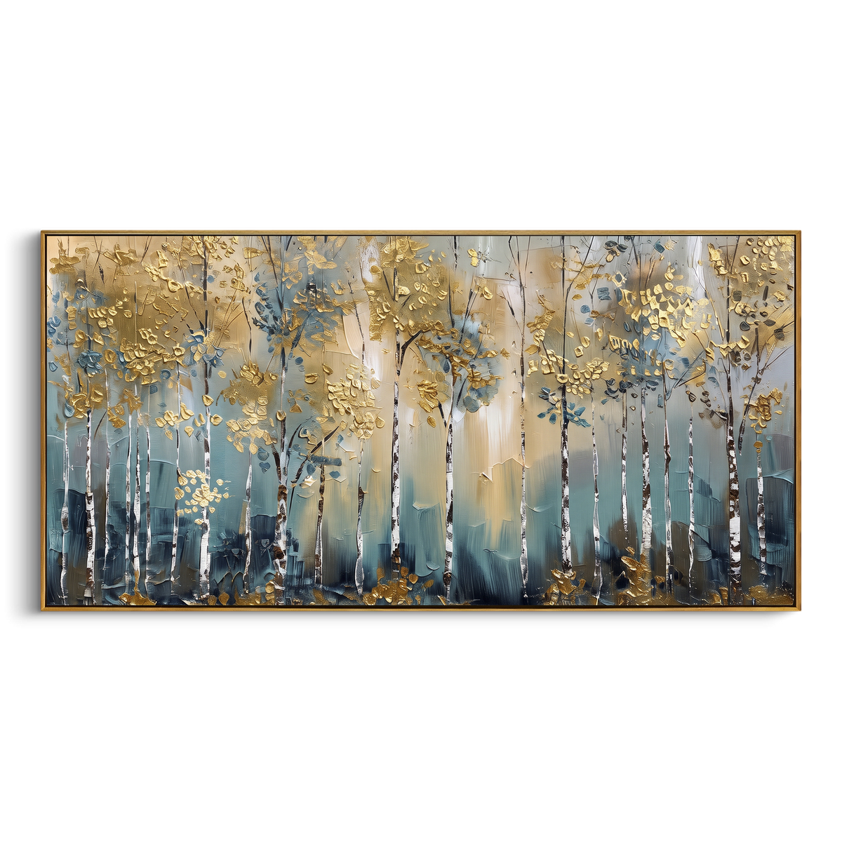 ARTWORK DETAILS Pale Blue Gold Birch Grove Painting is built from the actual artwork image: pale blue birch grove with soft gold leaf clusters. The composition uses raised texture to separate tree trunks, leaf masses, ground movement, and soft background atmosphere, so the surface reads with real hand-painted depth from different viewing angles. The color direction is blue, yellow, white, chosen to keep the autumn mood warm while still leaving enough pale air and cool contrast for modern