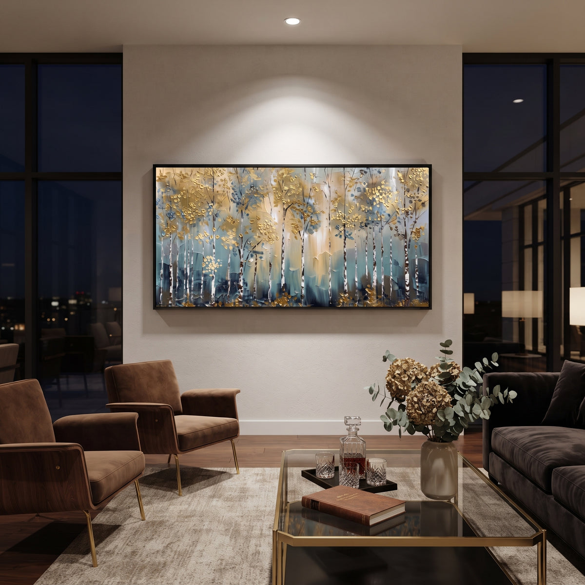 ARTWORK DETAILS Pale Blue Gold Birch Grove Painting is built from the actual artwork image: pale blue birch grove with soft gold leaf clusters. The composition uses raised texture to separate tree trunks, leaf masses, ground movement, and soft background atmosphere, so the surface reads with real hand-painted depth from different viewing angles. The color direction is blue, yellow, white, chosen to keep the autumn mood warm while still leaving enough pale air and cool contrast for modern