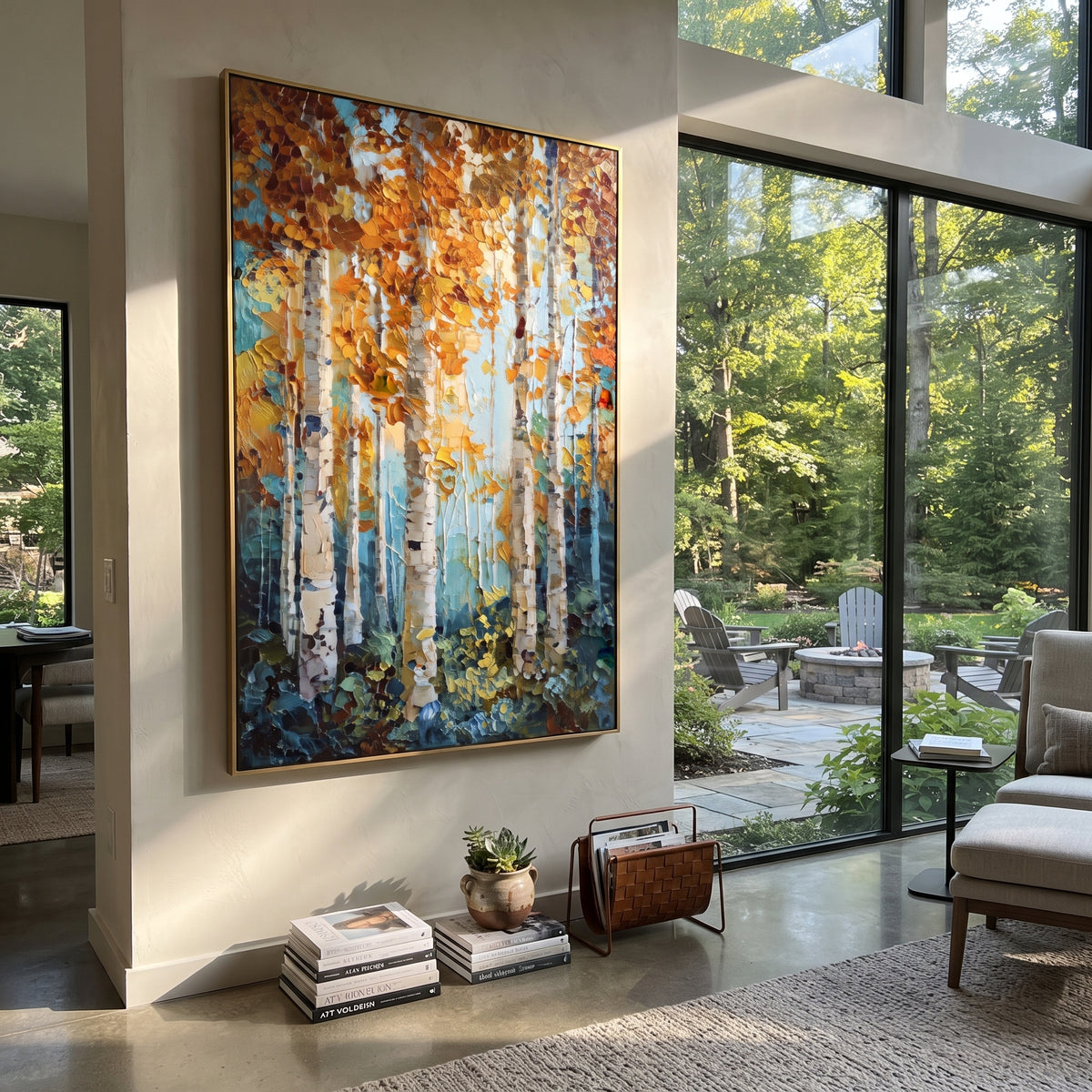 ARTWORK DETAILS Turquoise Copper Birch Light Painting is built from the actual artwork image: vertical birches and copper leaves glowing over aqua blue. The composition uses raised texture to separate tree trunks, leaf masses, ground movement, and soft background atmosphere, so the surface reads with real hand-painted depth from different viewing angles. The color direction is blue, orange, white, chosen to keep the autumn mood warm while still leaving enough pale air and cool contrast for