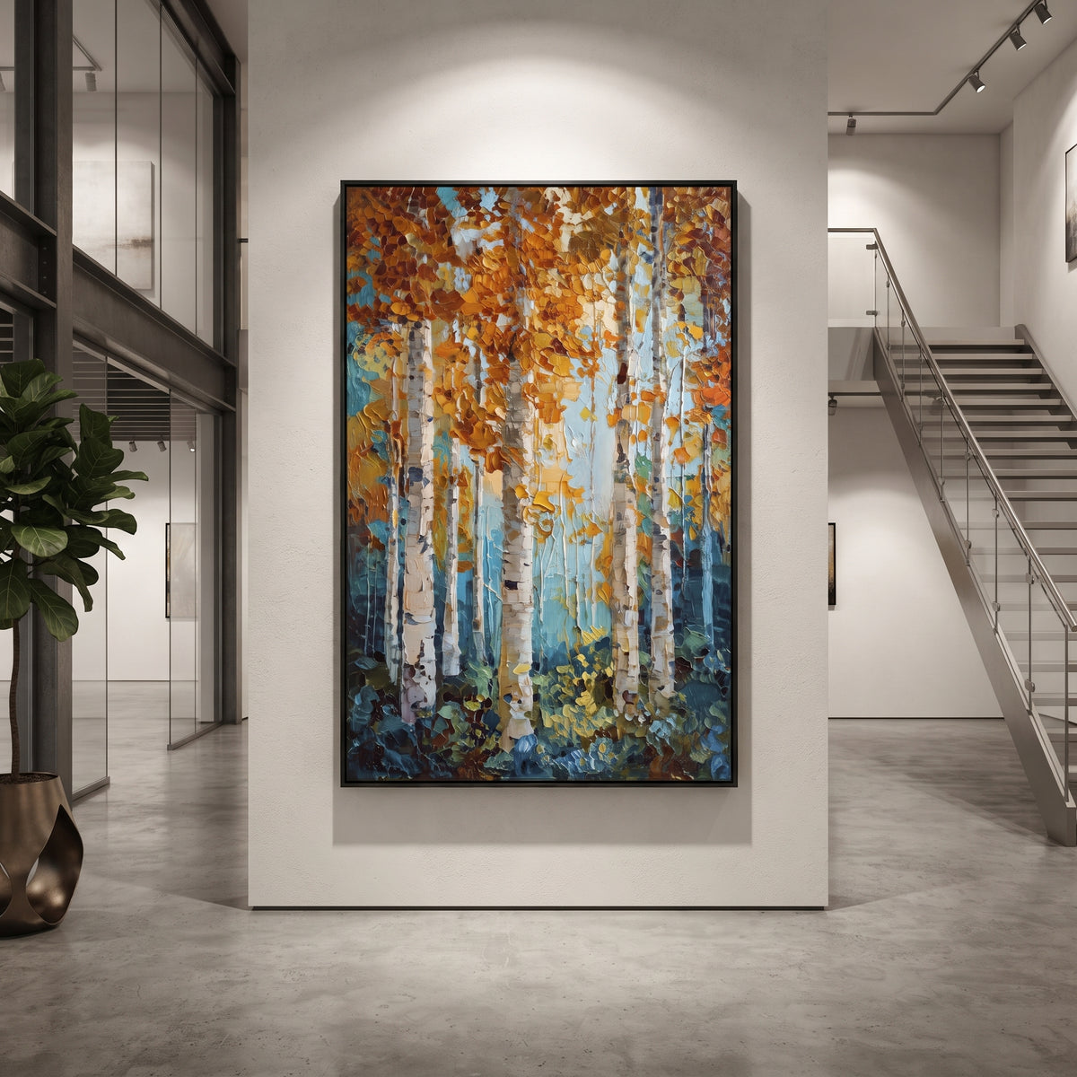 ARTWORK DETAILS Turquoise Copper Birch Light Painting is built from the actual artwork image: vertical birches and copper leaves glowing over aqua blue. The composition uses raised texture to separate tree trunks, leaf masses, ground movement, and soft background atmosphere, so the surface reads with real hand-painted depth from different viewing angles. The color direction is blue, orange, white, chosen to keep the autumn mood warm while still leaving enough pale air and cool contrast for