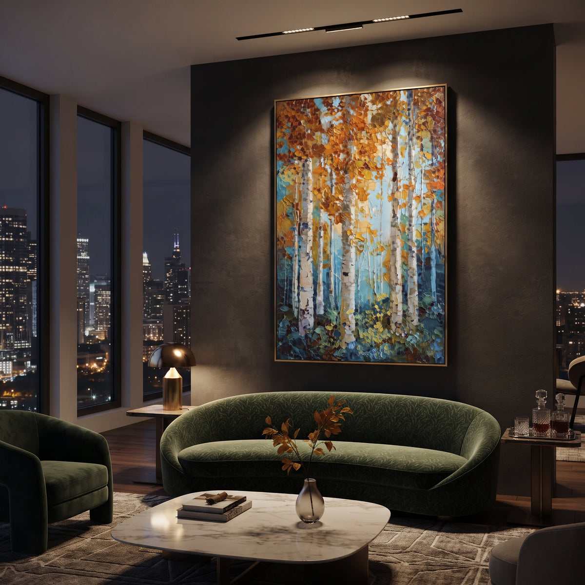 ARTWORK DETAILS Turquoise Copper Birch Light Painting is built from the actual artwork image: vertical birches and copper leaves glowing over aqua blue. The composition uses raised texture to separate tree trunks, leaf masses, ground movement, and soft background atmosphere, so the surface reads with real hand-painted depth from different viewing angles. The color direction is blue, orange, white, chosen to keep the autumn mood warm while still leaving enough pale air and cool contrast for