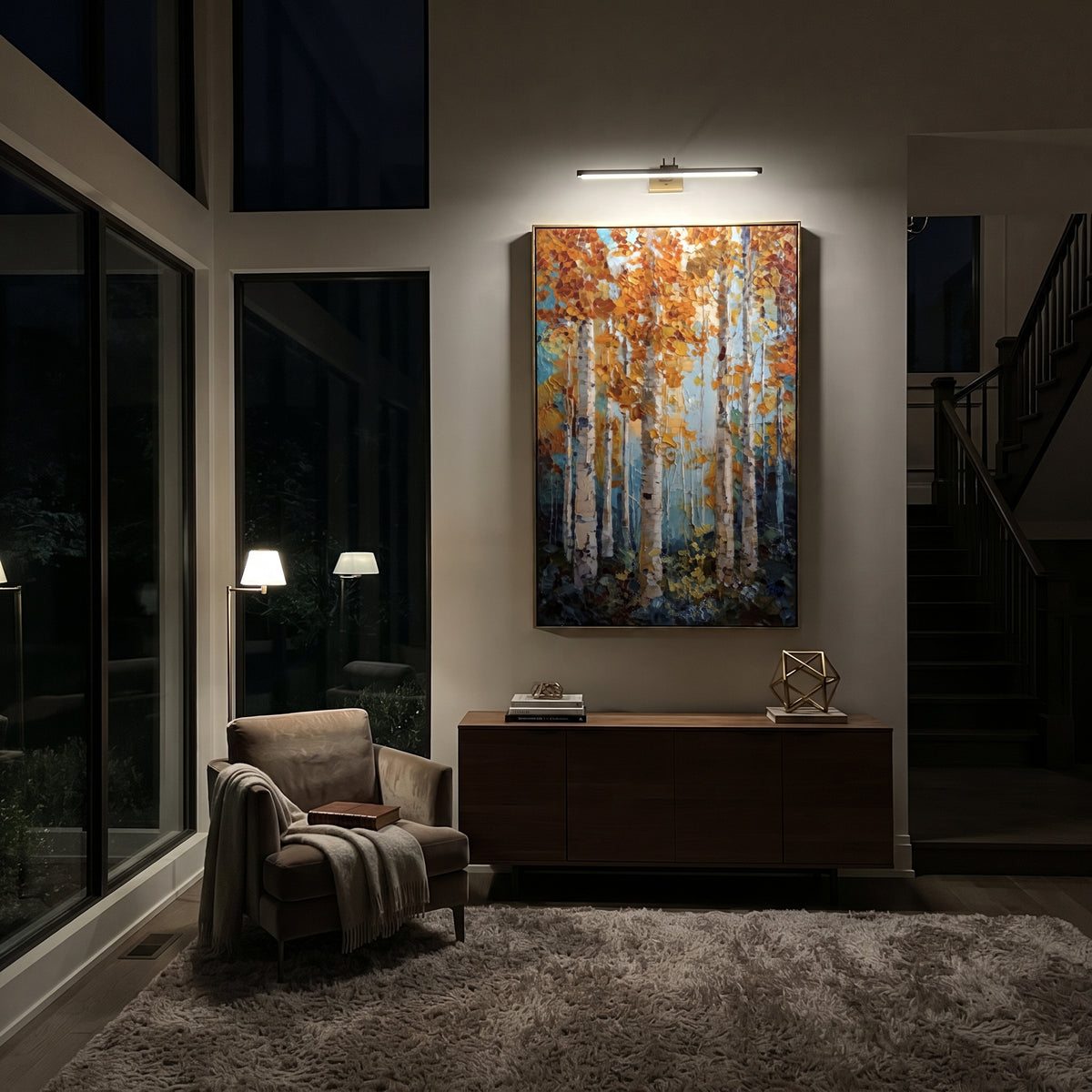 ARTWORK DETAILS Turquoise Copper Birch Light Painting is built from the actual artwork image: vertical birches and copper leaves glowing over aqua blue. The composition uses raised texture to separate tree trunks, leaf masses, ground movement, and soft background atmosphere, so the surface reads with real hand-painted depth from different viewing angles. The color direction is blue, orange, white, chosen to keep the autumn mood warm while still leaving enough pale air and cool contrast for