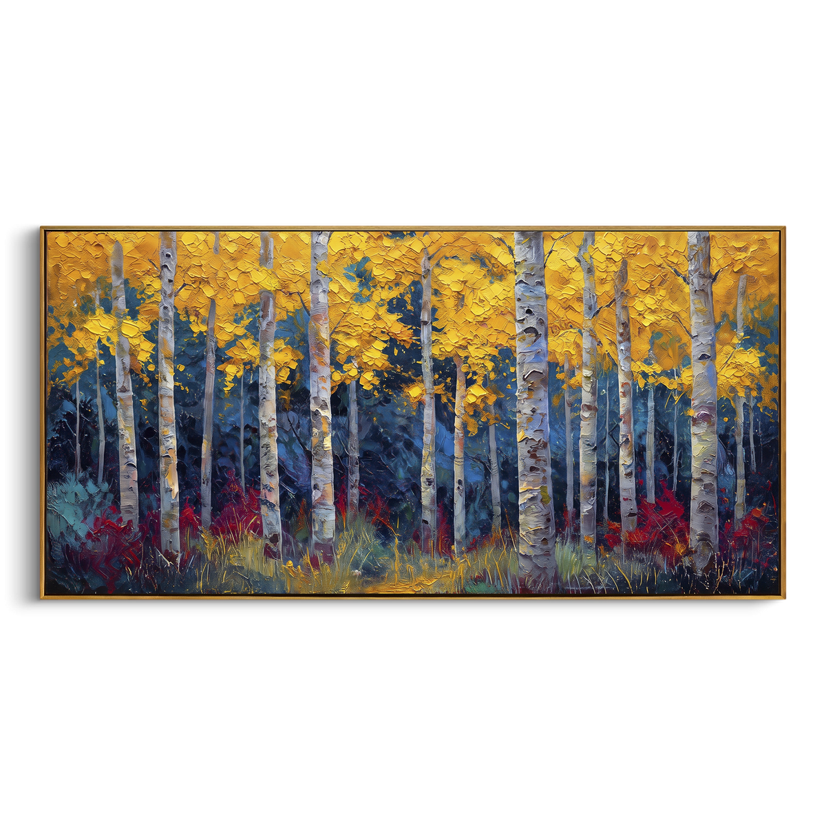 "Blue Shadow Golden Birch" - Modern Heavy Impasto Botanical Tree Artwork | Blue & Yellow Palette Knife Painting | Luxury Horizontal Wall Art #PT 2275