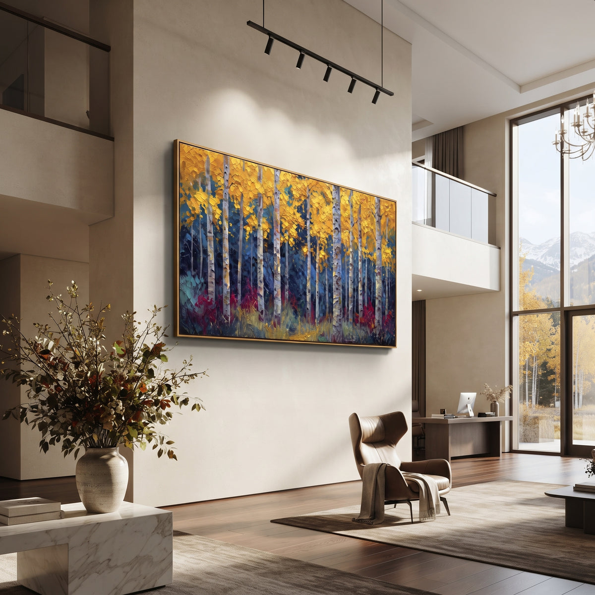 ARTWORK DETAILS Blue Shadow Golden Birch Painting is built from the actual artwork image: dark blue shadowed birches under a bright golden canopy. The composition uses raised texture to separate tree trunks, leaf masses, ground movement, and soft background atmosphere, so the surface reads with real hand-painted depth from different viewing angles. The color direction is blue, yellow, white, chosen to keep the autumn mood warm while still leaving enough pale air and cool contrast for modern