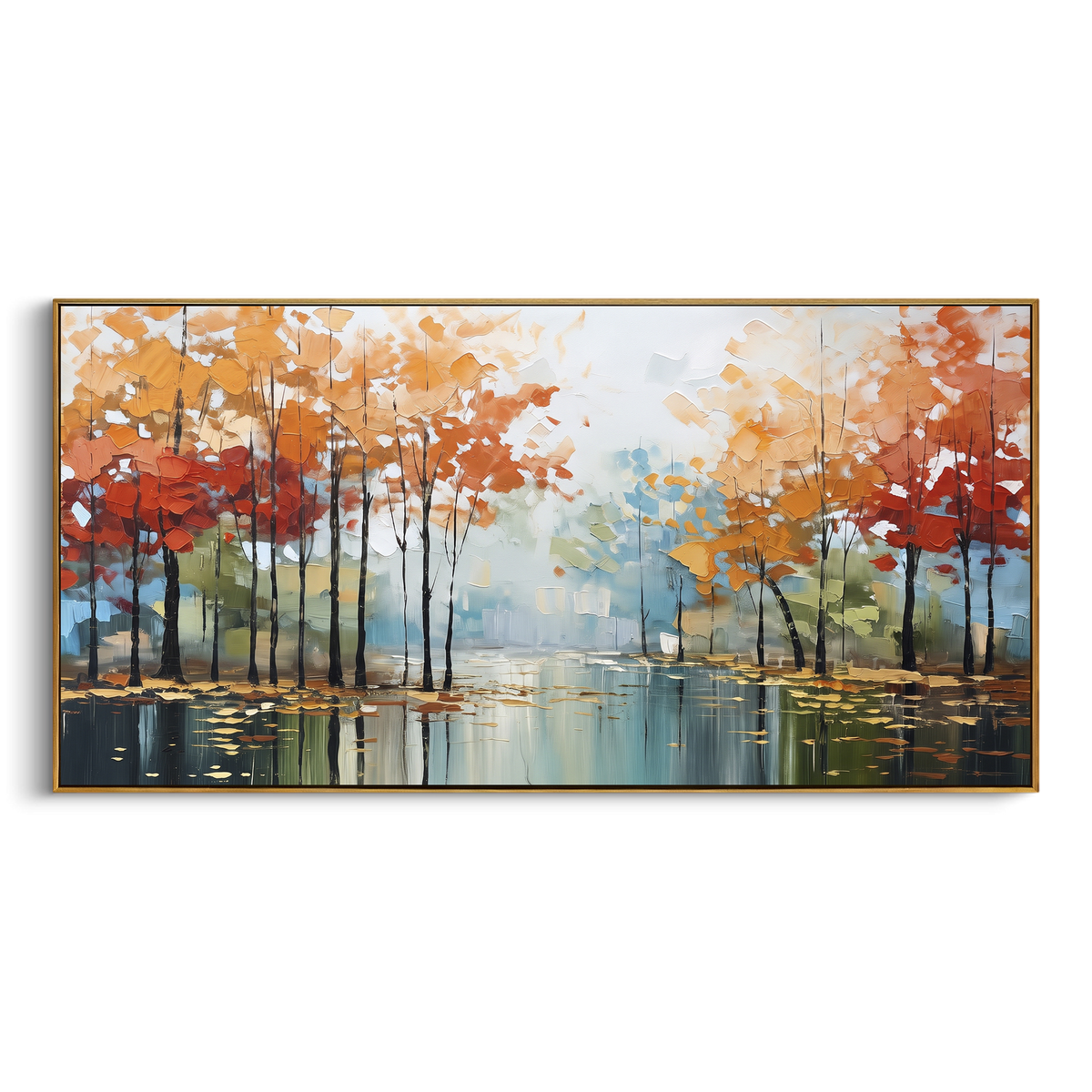 "Autumn Lake Tree Row" - Modern Heavy Impasto Landscape Artwork | Orange & Blue Palette Knife Painting | Luxury Horizontal Wall Art #PT 2277