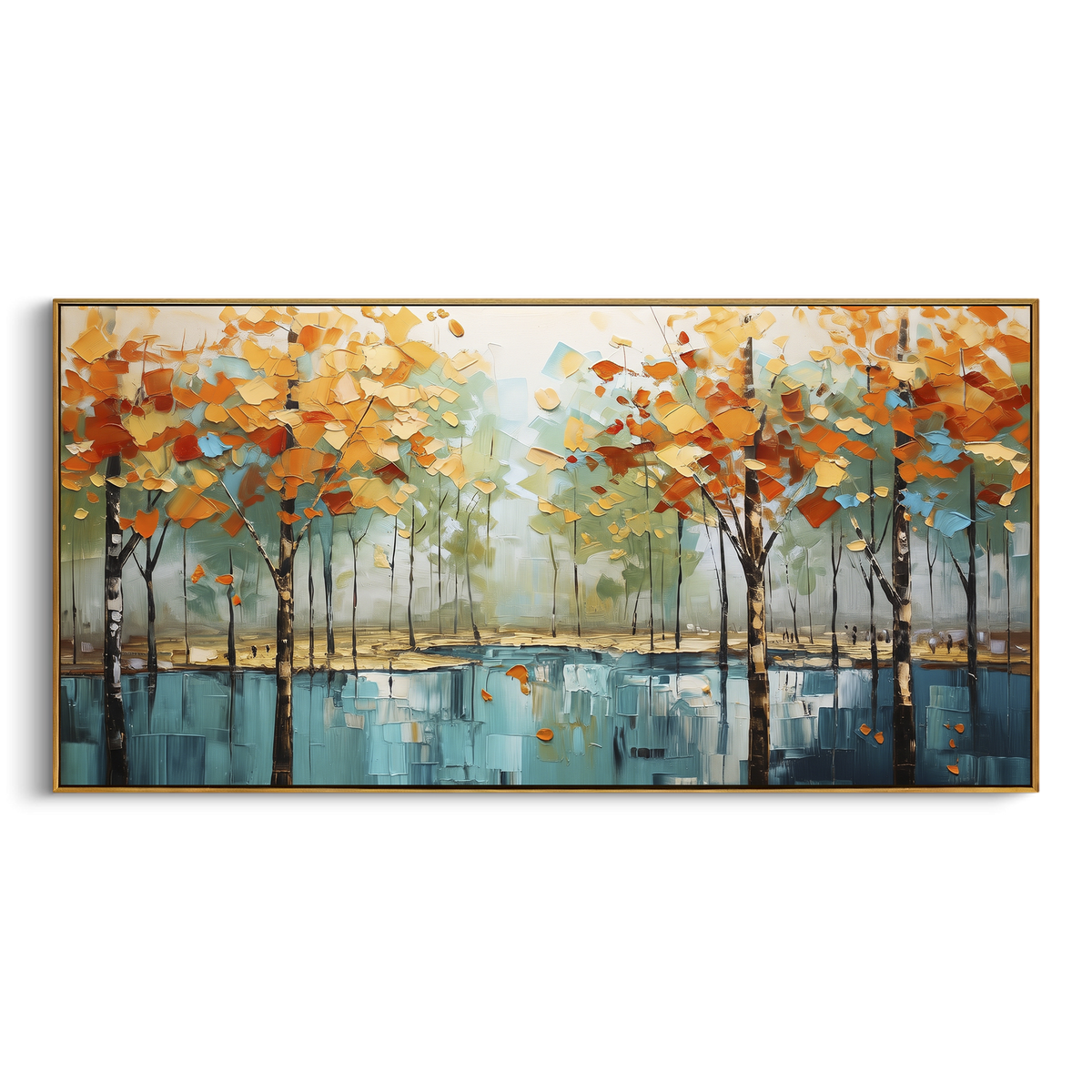 "Reflected Lake Grove" - Modern Heavy Impasto Landscape Artwork | Orange & Blue Palette Knife Painting | Luxury Horizontal Wall Art #PT 2278