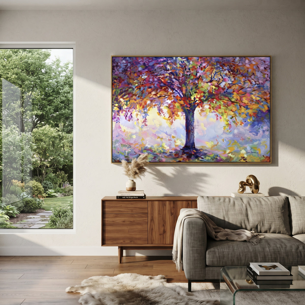 ARTWORK DETAILS Purple Crown Autumn Tree Painting is built from the actual artwork image: large purple and orange tree crown glowing over pastel ground. The composition uses raised texture to separate tree trunks, leaf masses, ground movement, and soft background atmosphere, so the surface reads with real hand-painted depth from different viewing angles. The color direction is blue, orange, yellow, chosen to keep the autumn mood warm while still leaving enough pale air and cool contrast for