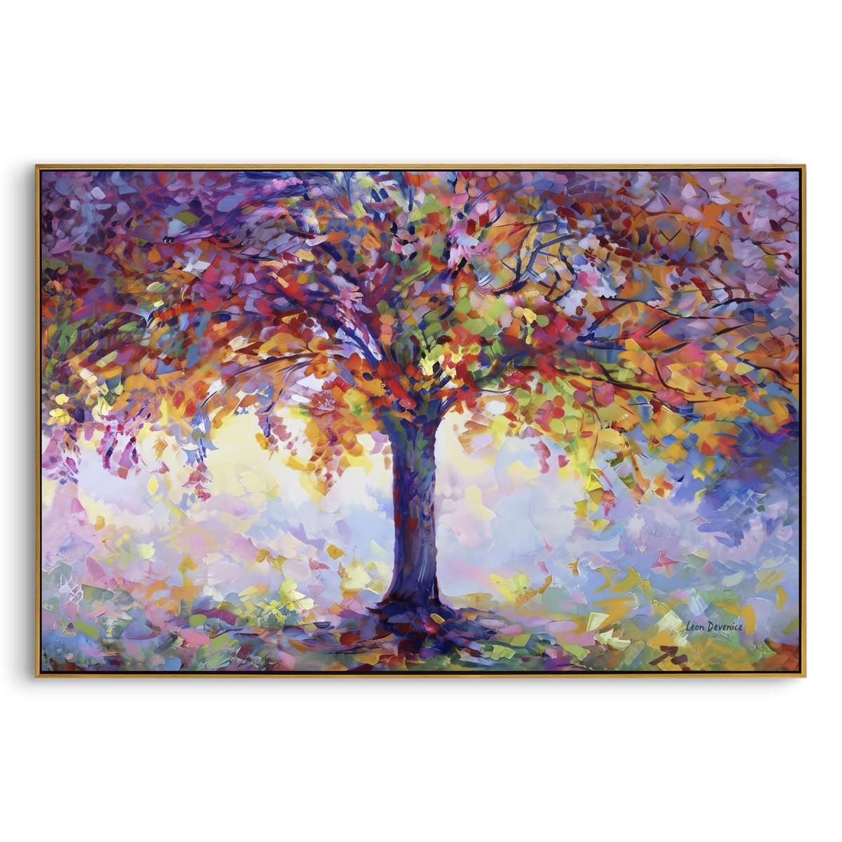 ARTWORK DETAILS Purple Crown Autumn Tree Painting is built from the actual artwork image: large purple and orange tree crown glowing over pastel ground. The composition uses raised texture to separate tree trunks, leaf masses, ground movement, and soft background atmosphere, so the surface reads with real hand-painted depth from different viewing angles. The color direction is blue, orange, yellow, chosen to keep the autumn mood warm while still leaving enough pale air and cool contrast for