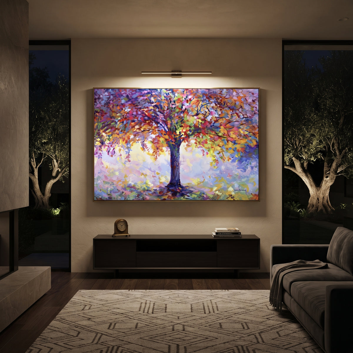 ARTWORK DETAILS Purple Crown Autumn Tree Painting is built from the actual artwork image: large purple and orange tree crown glowing over pastel ground. The composition uses raised texture to separate tree trunks, leaf masses, ground movement, and soft background atmosphere, so the surface reads with real hand-painted depth from different viewing angles. The color direction is blue, orange, yellow, chosen to keep the autumn mood warm while still leaving enough pale air and cool contrast for