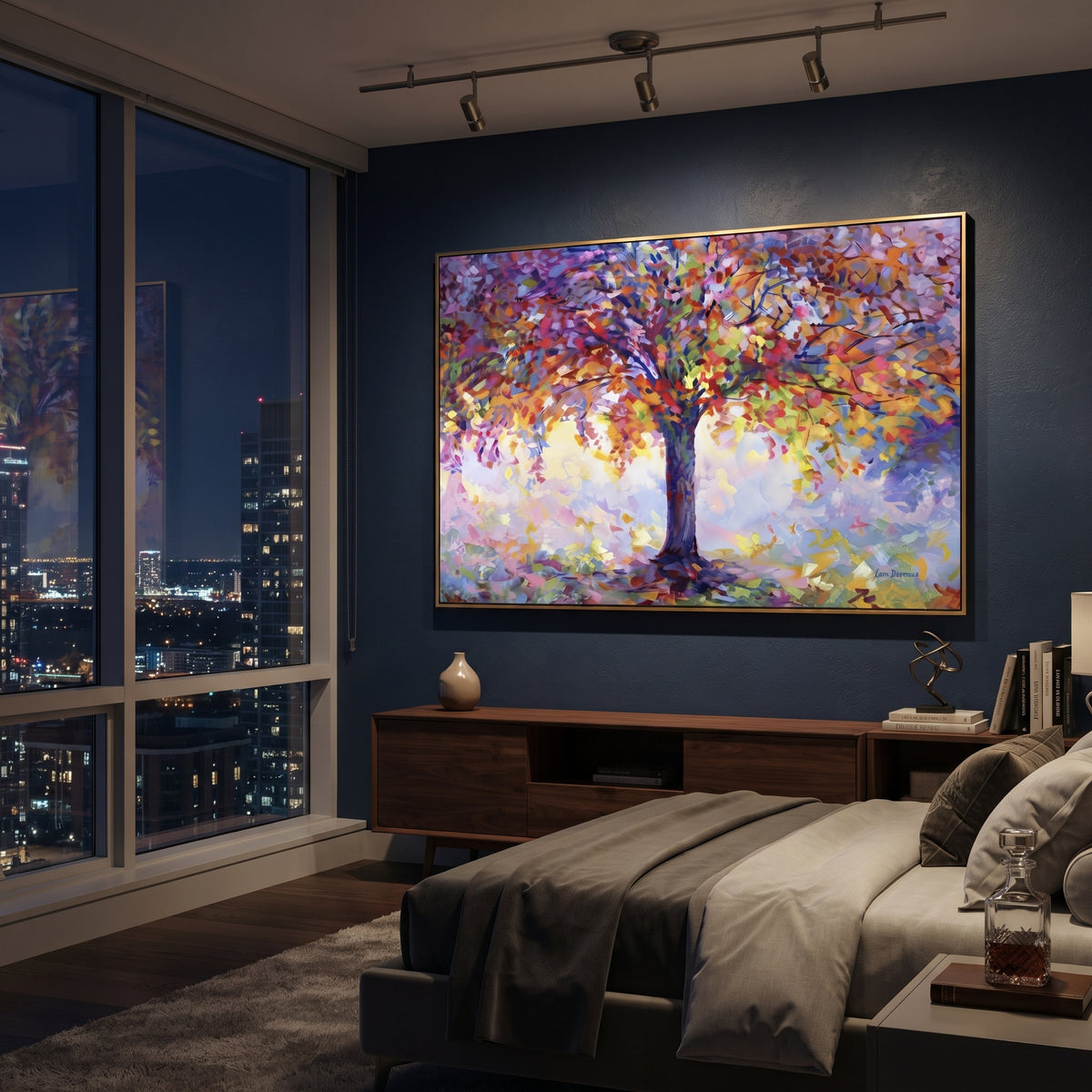 ARTWORK DETAILS Purple Crown Autumn Tree Painting is built from the actual artwork image: large purple and orange tree crown glowing over pastel ground. The composition uses raised texture to separate tree trunks, leaf masses, ground movement, and soft background atmosphere, so the surface reads with real hand-painted depth from different viewing angles. The color direction is blue, orange, yellow, chosen to keep the autumn mood warm while still leaving enough pale air and cool contrast for