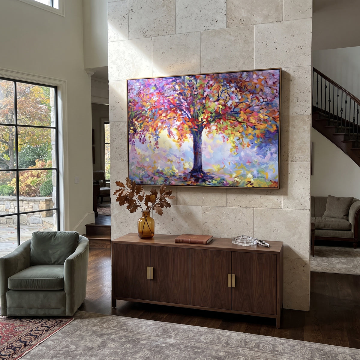 ARTWORK DETAILS Purple Crown Autumn Tree Painting is built from the actual artwork image: large purple and orange tree crown glowing over pastel ground. The composition uses raised texture to separate tree trunks, leaf masses, ground movement, and soft background atmosphere, so the surface reads with real hand-painted depth from different viewing angles. The color direction is blue, orange, yellow, chosen to keep the autumn mood warm while still leaving enough pale air and cool contrast for