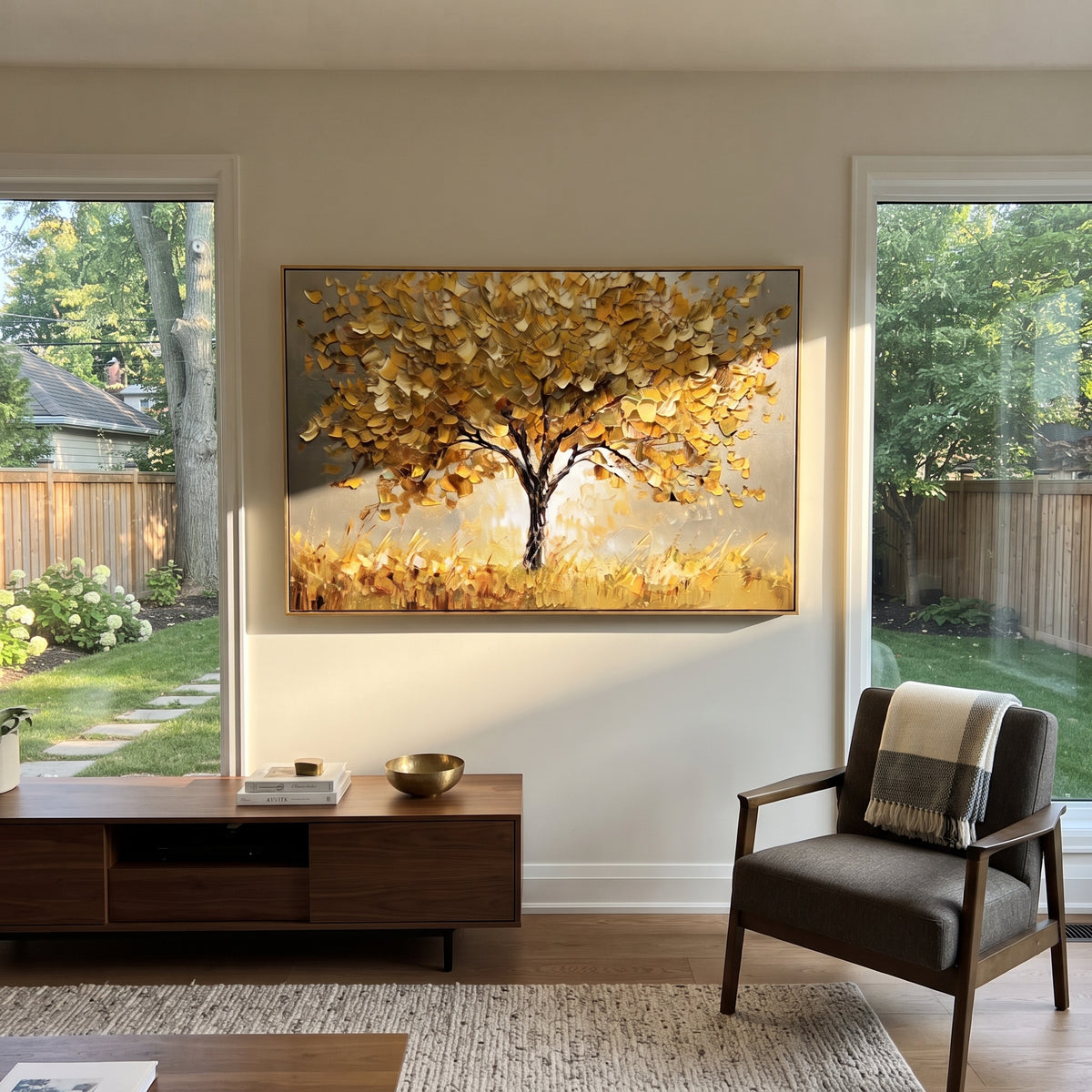 ARTWORK DETAILS Golden Solitary Tree Painting is built from the actual artwork image: single golden tree spreading across a warm gray field. The composition uses raised texture to separate tree trunks, leaf masses, ground movement, and soft background atmosphere, so the surface reads with real hand-painted depth from different viewing angles. The color direction is yellow, gray, beige, chosen to keep the autumn mood warm while still leaving enough pale air and cool contrast for modern interiors.