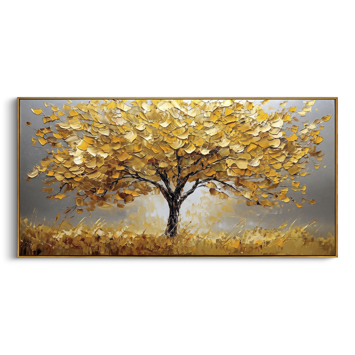 ARTWORK DETAILS Golden Solitary Tree Painting is built from the actual artwork image: single golden tree spreading across a warm gray field. The composition uses raised texture to separate tree trunks, leaf masses, ground movement, and soft background atmosphere, so the surface reads with real hand-painted depth from different viewing angles. The color direction is yellow, gray, beige, chosen to keep the autumn mood warm while still leaving enough pale air and cool contrast for modern interiors.