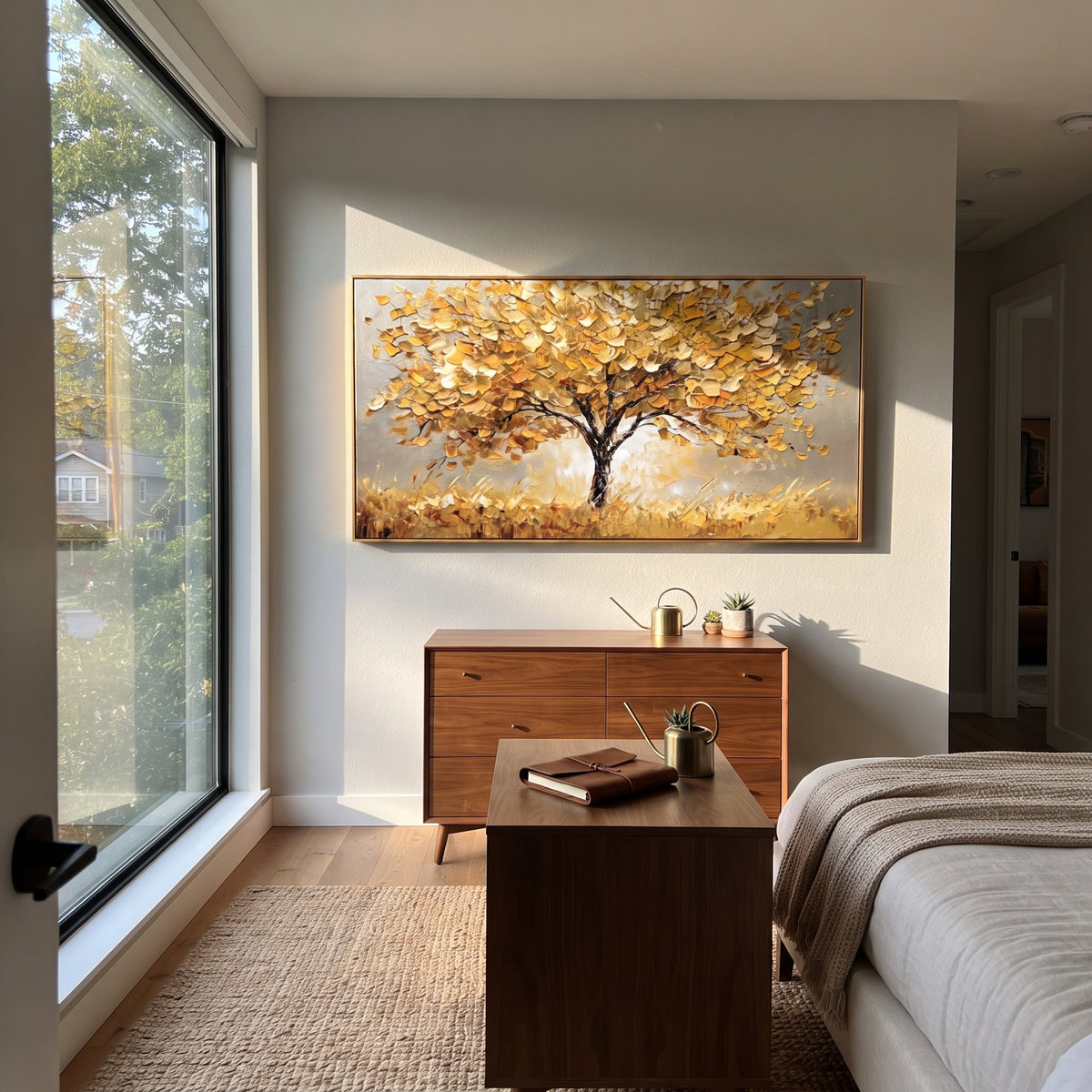 ARTWORK DETAILS Golden Solitary Tree Painting is built from the actual artwork image: single golden tree spreading across a warm gray field. The composition uses raised texture to separate tree trunks, leaf masses, ground movement, and soft background atmosphere, so the surface reads with real hand-painted depth from different viewing angles. The color direction is yellow, gray, beige, chosen to keep the autumn mood warm while still leaving enough pale air and cool contrast for modern interiors.