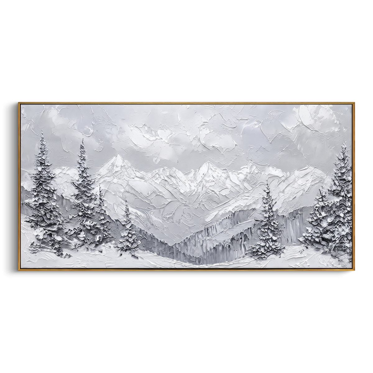 Silver Pine Snow Valley is written from the actual artwork image, focusing on silver pines framing a misty snow valley and distant white mountain wall. The visible composition is specific rather than generic: quiet silver pines, soft grey valley haze, and layered white mountain ridges receding behind the foreground trees. The wide horizontal layout controls how the eye travels through the scene, with the mountain mass, valley floor, tree line, water edge, or small figure details arranged to