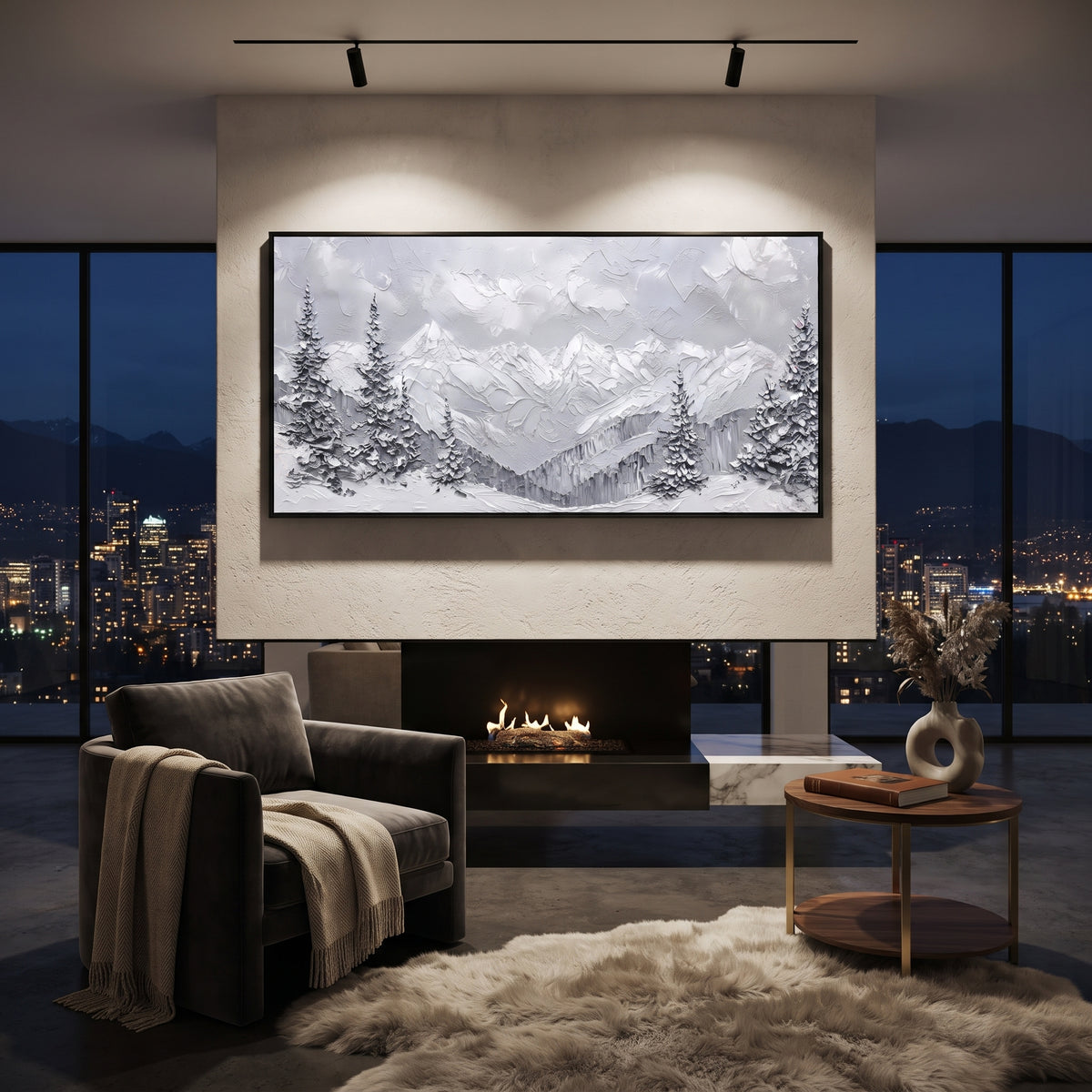 Silver Pine Snow Valley is written from the actual artwork image, focusing on silver pines framing a misty snow valley and distant white mountain wall. The visible composition is specific rather than generic: quiet silver pines, soft grey valley haze, and layered white mountain ridges receding behind the foreground trees. The wide horizontal layout controls how the eye travels through the scene, with the mountain mass, valley floor, tree line, water edge, or small figure details arranged to