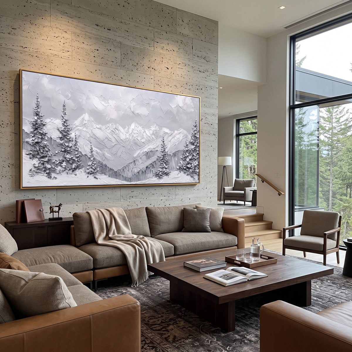 Silver Pine Snow Valley is written from the actual artwork image, focusing on silver pines framing a misty snow valley and distant white mountain wall. The visible composition is specific rather than generic: quiet silver pines, soft grey valley haze, and layered white mountain ridges receding behind the foreground trees. The wide horizontal layout controls how the eye travels through the scene, with the mountain mass, valley floor, tree line, water edge, or small figure details arranged to