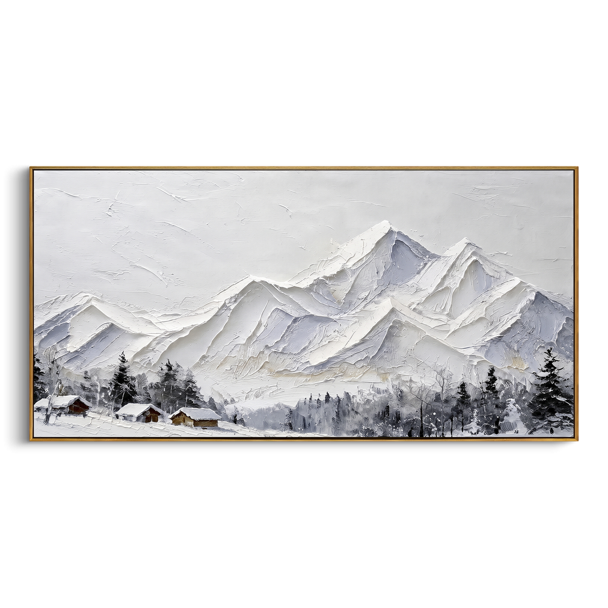 Folded White Summit Range is written from the actual artwork image, focusing on folded white summit range with crisp angular peaks and small dark cabins below. The visible composition is specific rather than generic: sharp folded ridges, pale beige sky, dark roof accents near the lower edge, and sculpted snow planes. The wide horizontal layout controls how the eye travels through the scene, with the mountain mass, valley floor, tree line, water edge, or small figure details arranged to create