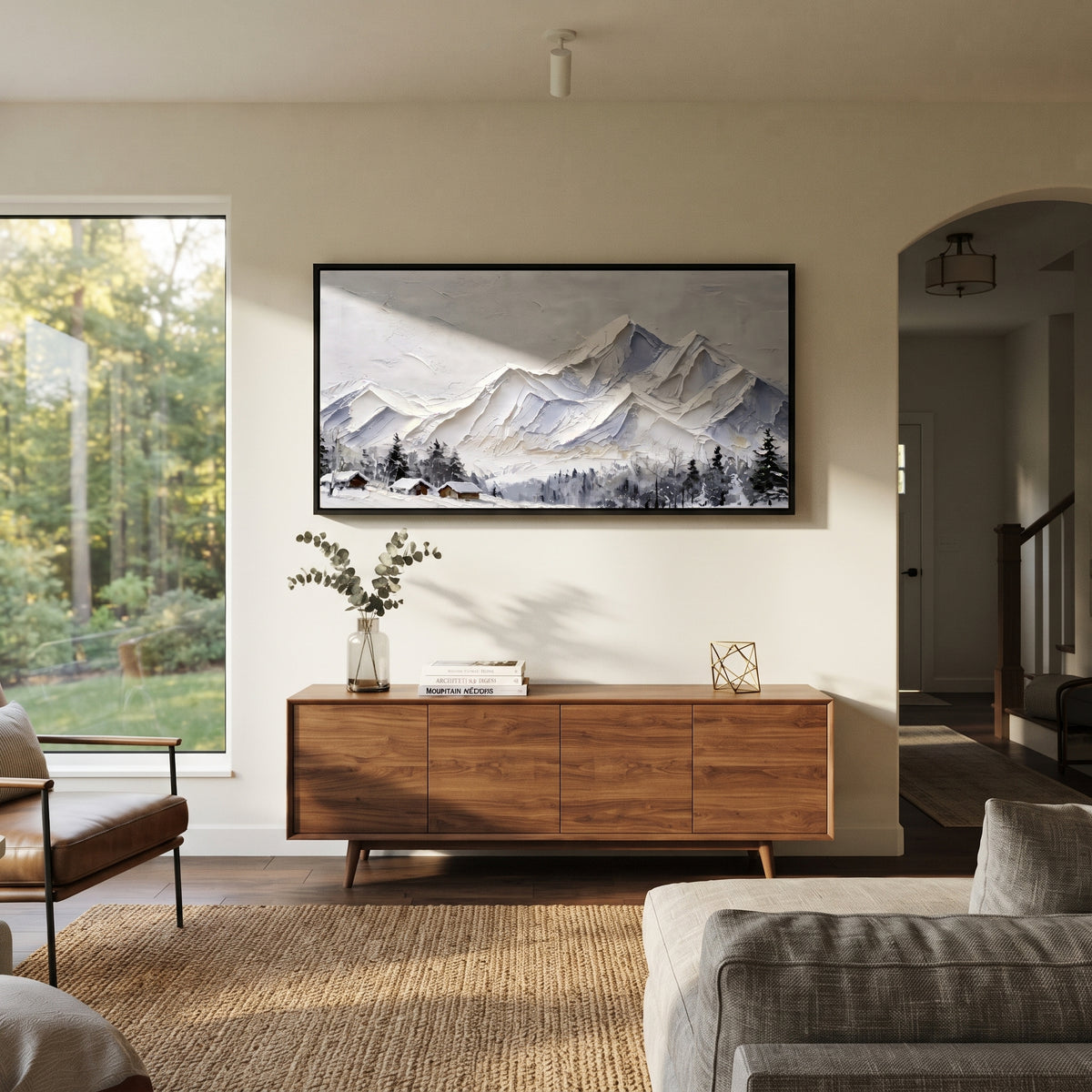 Folded White Summit Range is written from the actual artwork image, focusing on folded white summit range with crisp angular peaks and small dark cabins below. The visible composition is specific rather than generic: sharp folded ridges, pale beige sky, dark roof accents near the lower edge, and sculpted snow planes. The wide horizontal layout controls how the eye travels through the scene, with the mountain mass, valley floor, tree line, water edge, or small figure details arranged to create