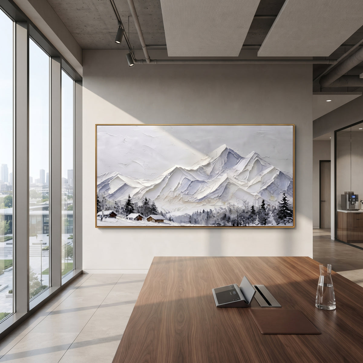 Folded White Summit Range is written from the actual artwork image, focusing on folded white summit range with crisp angular peaks and small dark cabins below. The visible composition is specific rather than generic: sharp folded ridges, pale beige sky, dark roof accents near the lower edge, and sculpted snow planes. The wide horizontal layout controls how the eye travels through the scene, with the mountain mass, valley floor, tree line, water edge, or small figure details arranged to create