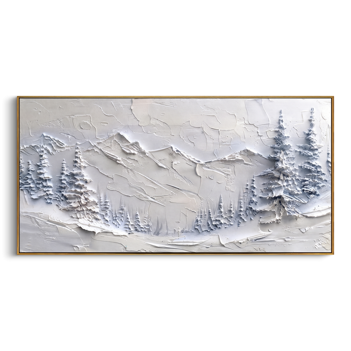 Frosted Fir Basin Mountain is written from the actual artwork image, focusing on frosted fir basin with blue-shadowed trees and a low carved mountain chain. The visible composition is specific rather than generic: blue frosted evergreens, a sheltered basin, low snowy ridges, and quiet winter air across the surface. The wide horizontal layout controls how the eye travels through the scene, with the mountain mass, valley floor, tree line, water edge, or small figure details arranged to create