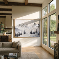 High Peak Pine Slope is written from the actual artwork image, focusing on high peak pine slope with a pointed summit rising over dark winter firs. The visible composition is specific rather than generic: a tall central summit, sweeping slope shadows, black-green pine silhouettes, and heavy snow texture. The balanced horizontal layout controls how the eye travels through the scene, with the mountain mass, valley floor, tree line, water edge, or small figure details arranged to create depth