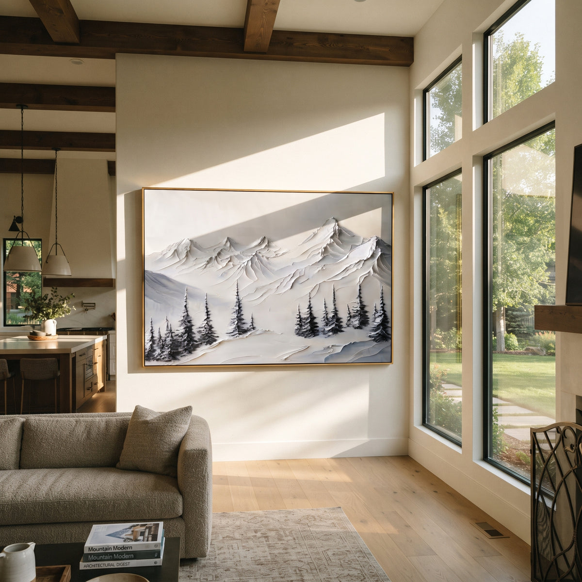 High Peak Pine Slope is written from the actual artwork image, focusing on high peak pine slope with a pointed summit rising over dark winter firs. The visible composition is specific rather than generic: a tall central summit, sweeping slope shadows, black-green pine silhouettes, and heavy snow texture. The balanced horizontal layout controls how the eye travels through the scene, with the mountain mass, valley floor, tree line, water edge, or small figure details arranged to create depth