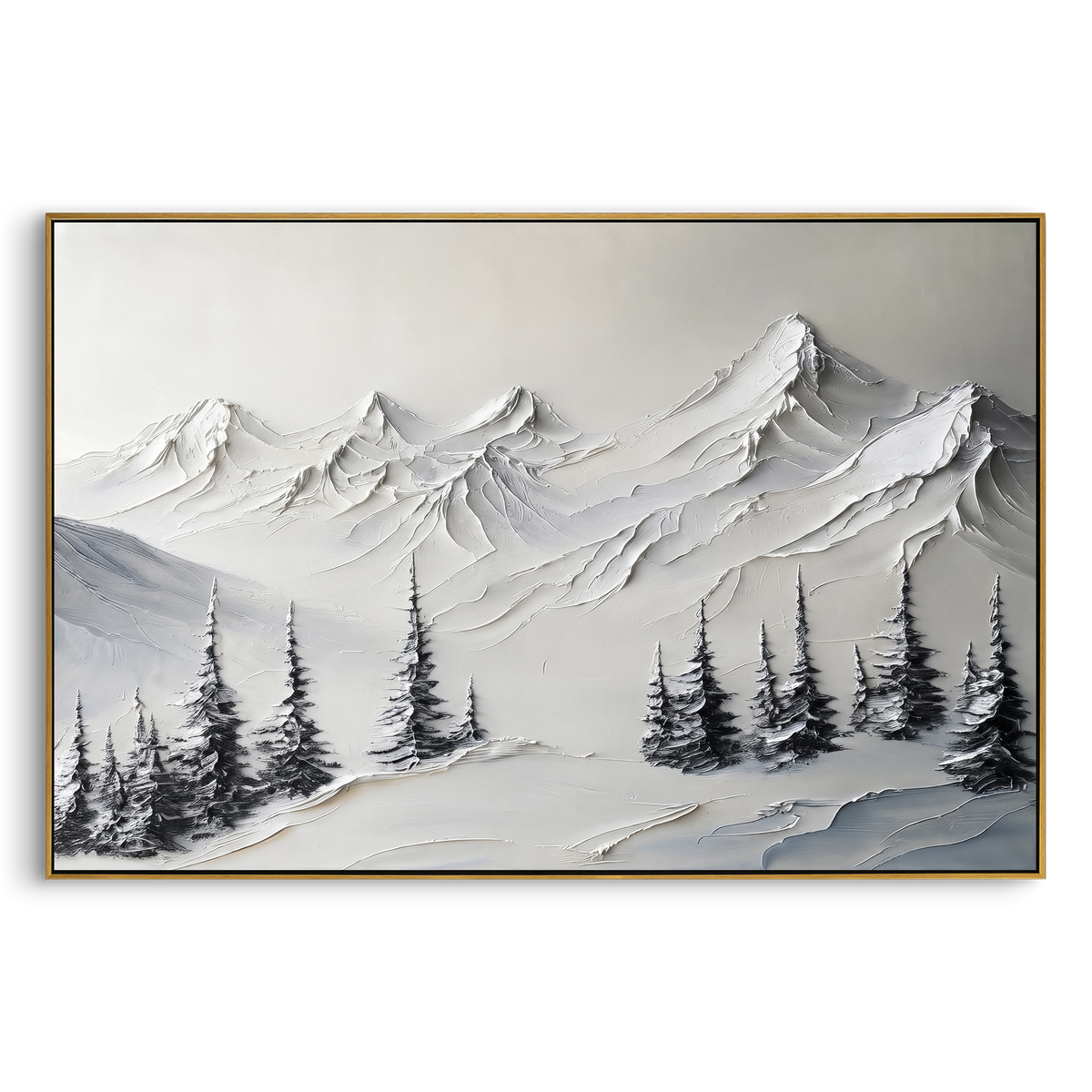 High Peak Pine Slope is written from the actual artwork image, focusing on high peak pine slope with a pointed summit rising over dark winter firs. The visible composition is specific rather than generic: a tall central summit, sweeping slope shadows, black-green pine silhouettes, and heavy snow texture. The balanced horizontal layout controls how the eye travels through the scene, with the mountain mass, valley floor, tree line, water edge, or small figure details arranged to create depth