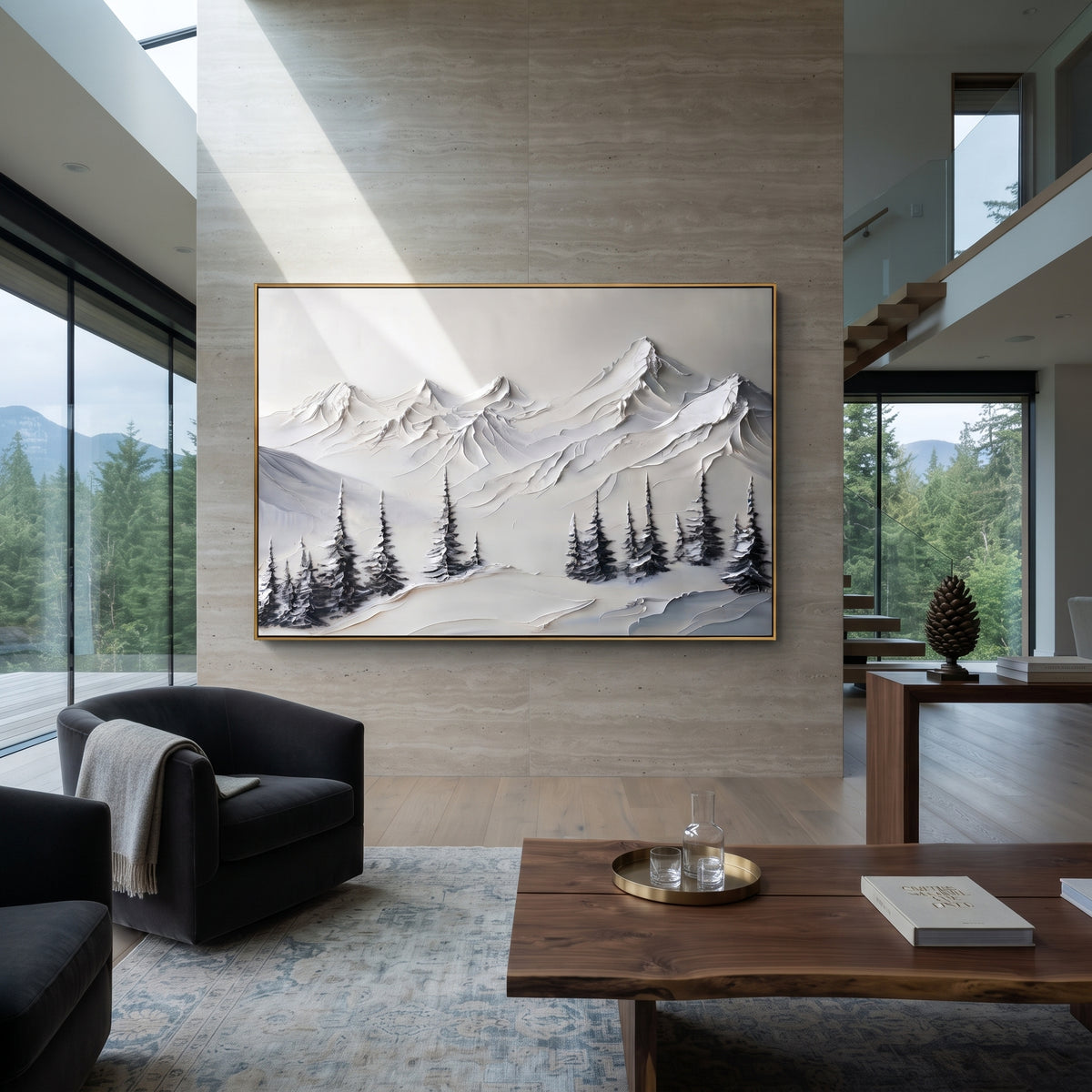 High Peak Pine Slope is written from the actual artwork image, focusing on high peak pine slope with a pointed summit rising over dark winter firs. The visible composition is specific rather than generic: a tall central summit, sweeping slope shadows, black-green pine silhouettes, and heavy snow texture. The balanced horizontal layout controls how the eye travels through the scene, with the mountain mass, valley floor, tree line, water edge, or small figure details arranged to create depth