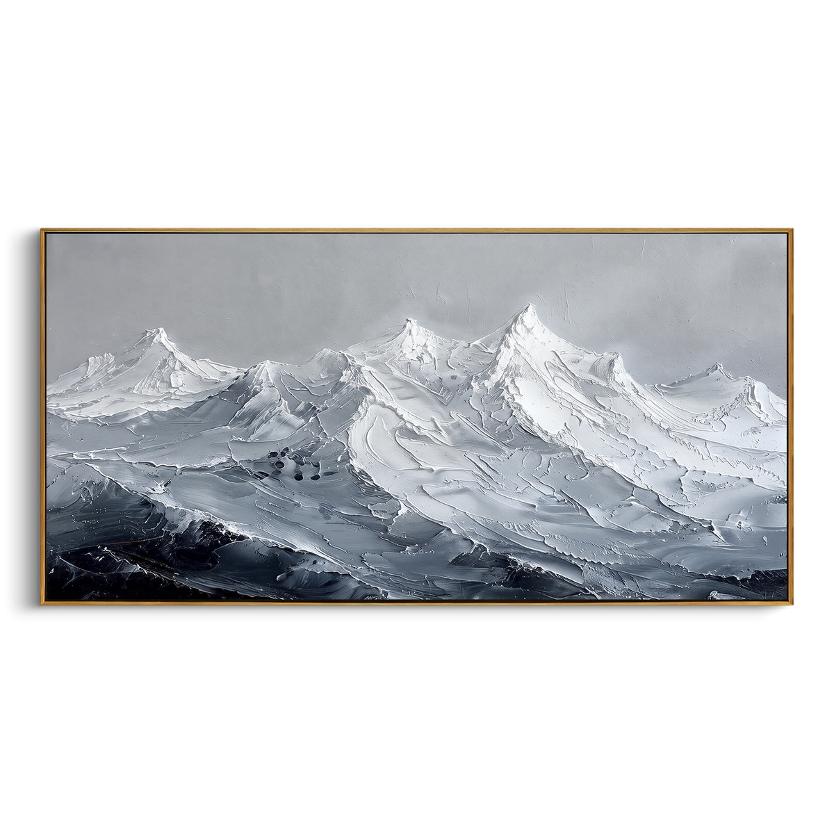 Storm Blue Glacier Peaks is written from the actual artwork image, focusing on storm blue glacier peaks with dark valley shadows and broken snowy ridges. The visible composition is specific rather than generic: blue-black lower valleys, broken ice-like ridges, and a pale storm sky over the mountain chain. The wide horizontal layout controls how the eye travels through the scene, with the mountain mass, valley floor, tree line, water edge, or small figure details arranged to create depth across