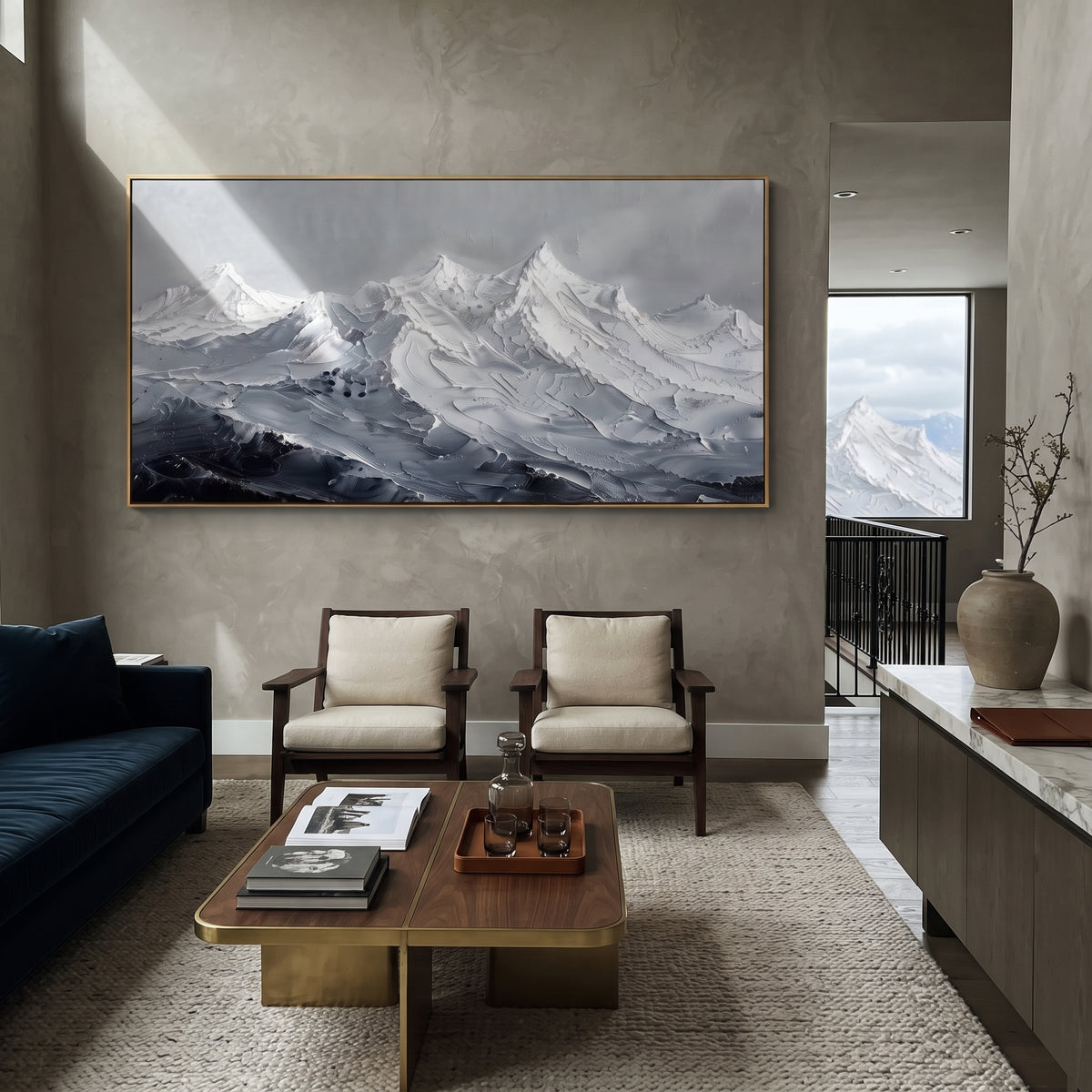 Storm Blue Glacier Peaks is written from the actual artwork image, focusing on storm blue glacier peaks with dark valley shadows and broken snowy ridges. The visible composition is specific rather than generic: blue-black lower valleys, broken ice-like ridges, and a pale storm sky over the mountain chain. The wide horizontal layout controls how the eye travels through the scene, with the mountain mass, valley floor, tree line, water edge, or small figure details arranged to create depth across
