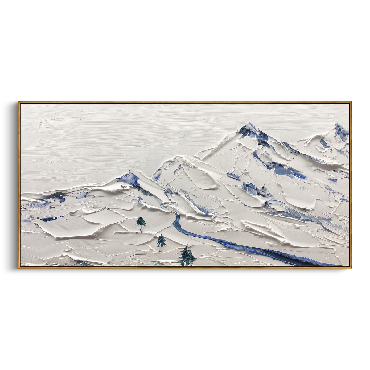 Blue Crease Snowfield Peaks is written from the actual artwork image, focusing on blue crease snowfield peaks with long diagonal ridges and tiny fir markers. The visible composition is specific rather than generic: long blue creases through the snowfield, small evergreen points, and a stretched alpine ridge line. The wide horizontal layout controls how the eye travels through the scene, with the mountain mass, valley floor, tree line, water edge, or small figure details arranged to create depth