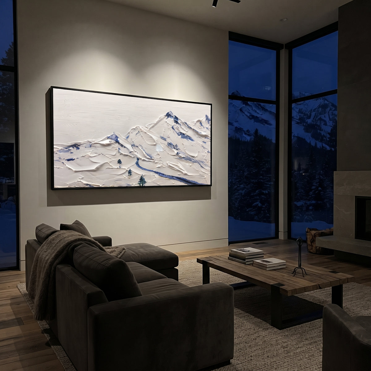 Blue Crease Snowfield Peaks is written from the actual artwork image, focusing on blue crease snowfield peaks with long diagonal ridges and tiny fir markers. The visible composition is specific rather than generic: long blue creases through the snowfield, small evergreen points, and a stretched alpine ridge line. The wide horizontal layout controls how the eye travels through the scene, with the mountain mass, valley floor, tree line, water edge, or small figure details arranged to create depth