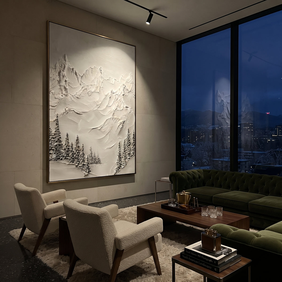Tall White Cliff Pines is written from the actual artwork image, focusing on tall white cliff pines with steep raised faces and small forest at the base. The visible composition is specific rather than generic: steep vertical mountain faces, clustered firs near the lower edge, and creamy white impasto snow. The tall vertical layout controls how the eye travels through the scene, with the mountain mass, valley floor, tree line, water edge, or small figure details arranged to create depth across
