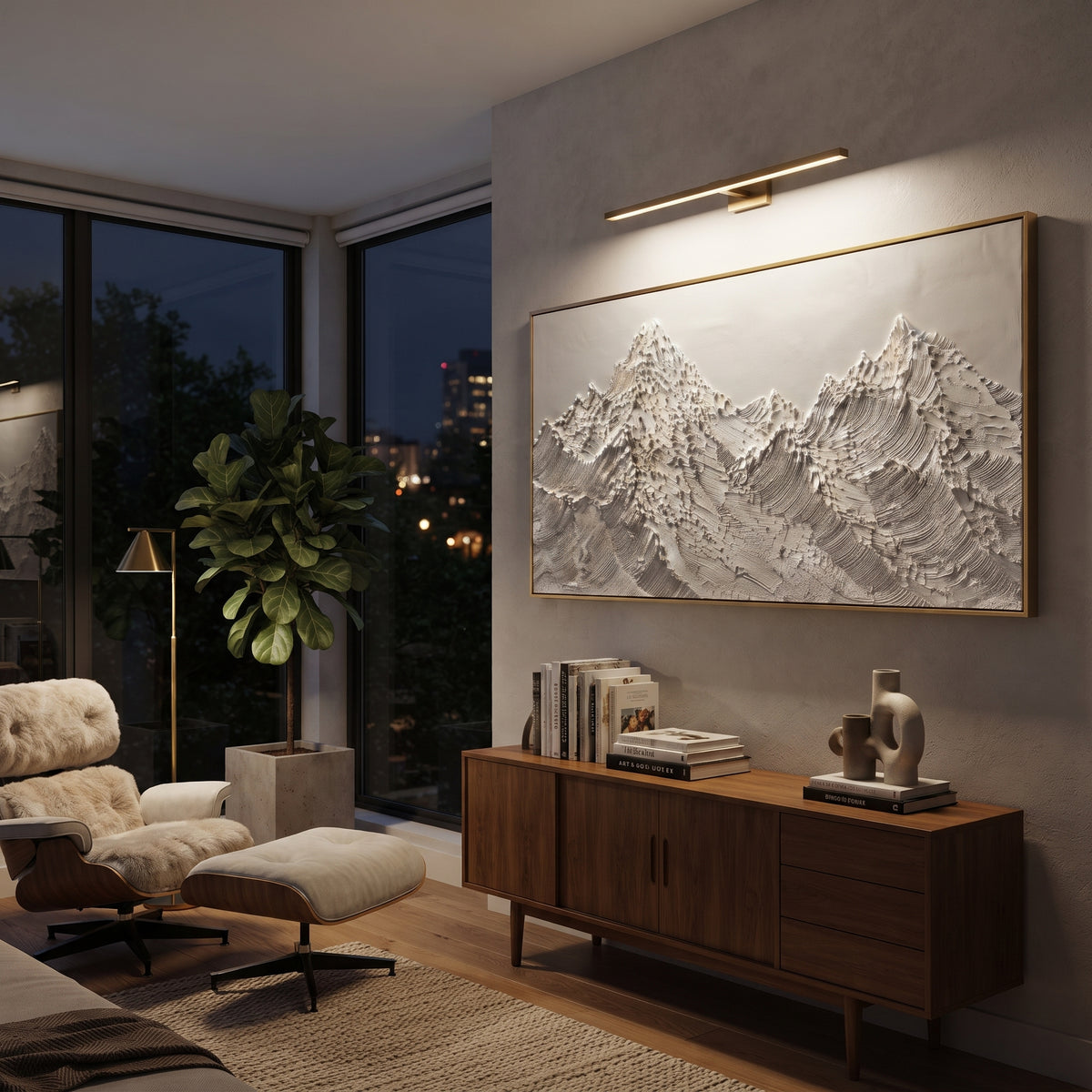 Twin Granite Snow Peaks is written from the actual artwork image, focusing on twin granite snow peaks with rugged dotted ridges and pale winter sky. The visible composition is specific rather than generic: two rugged summit groups, dotted palette-knife marks, and grey beige winter light. The wide horizontal layout controls how the eye travels through the scene, with the mountain mass, valley floor, tree line, water edge, or small figure details arranged to create depth across the canvas. Its