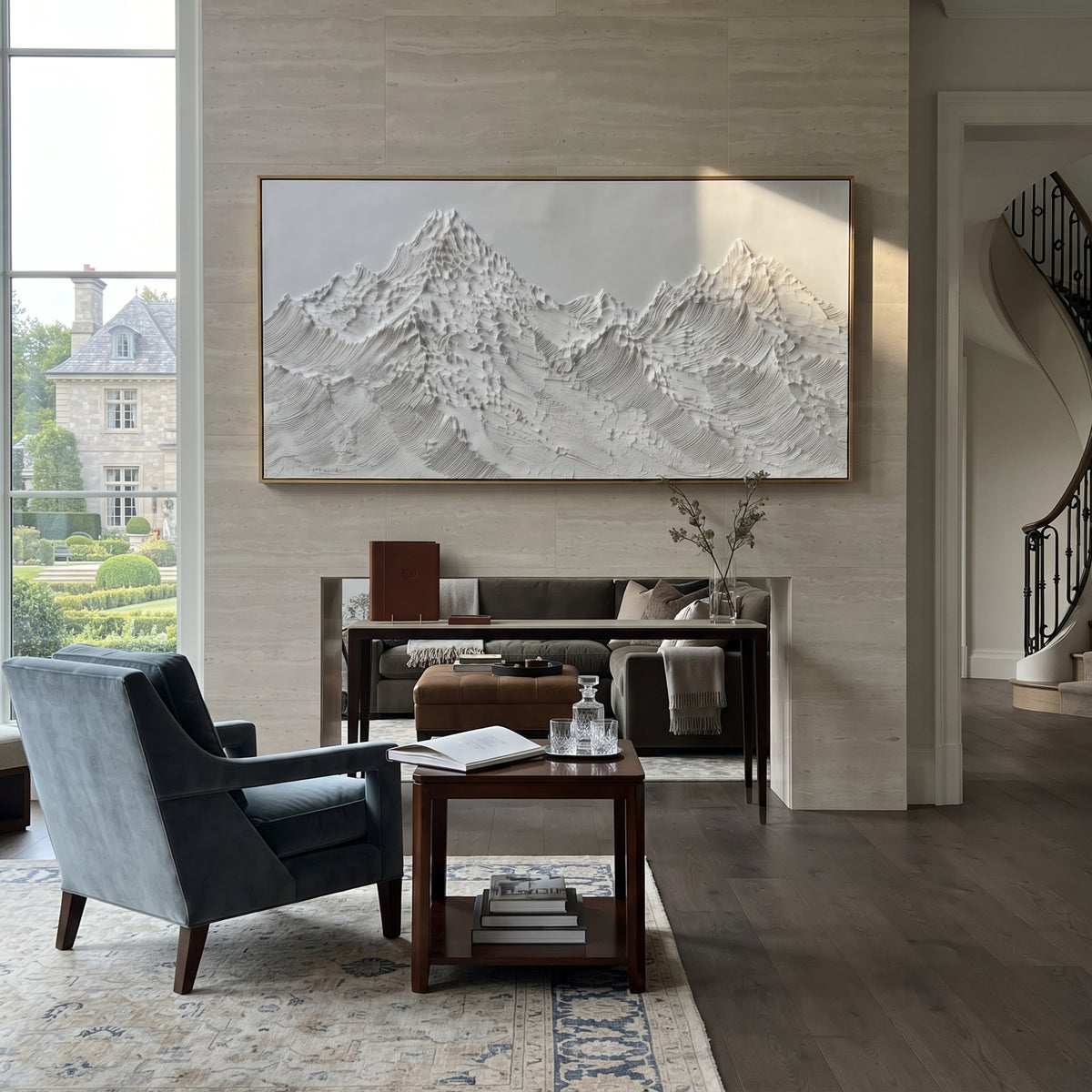 Twin Granite Snow Peaks is written from the actual artwork image, focusing on twin granite snow peaks with rugged dotted ridges and pale winter sky. The visible composition is specific rather than generic: two rugged summit groups, dotted palette-knife marks, and grey beige winter light. The wide horizontal layout controls how the eye travels through the scene, with the mountain mass, valley floor, tree line, water edge, or small figure details arranged to create depth across the canvas. Its