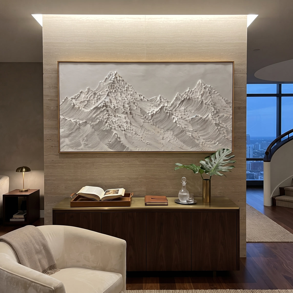 Twin Granite Snow Peaks is written from the actual artwork image, focusing on twin granite snow peaks with rugged dotted ridges and pale winter sky. The visible composition is specific rather than generic: two rugged summit groups, dotted palette-knife marks, and grey beige winter light. The wide horizontal layout controls how the eye travels through the scene, with the mountain mass, valley floor, tree line, water edge, or small figure details arranged to create depth across the canvas. Its