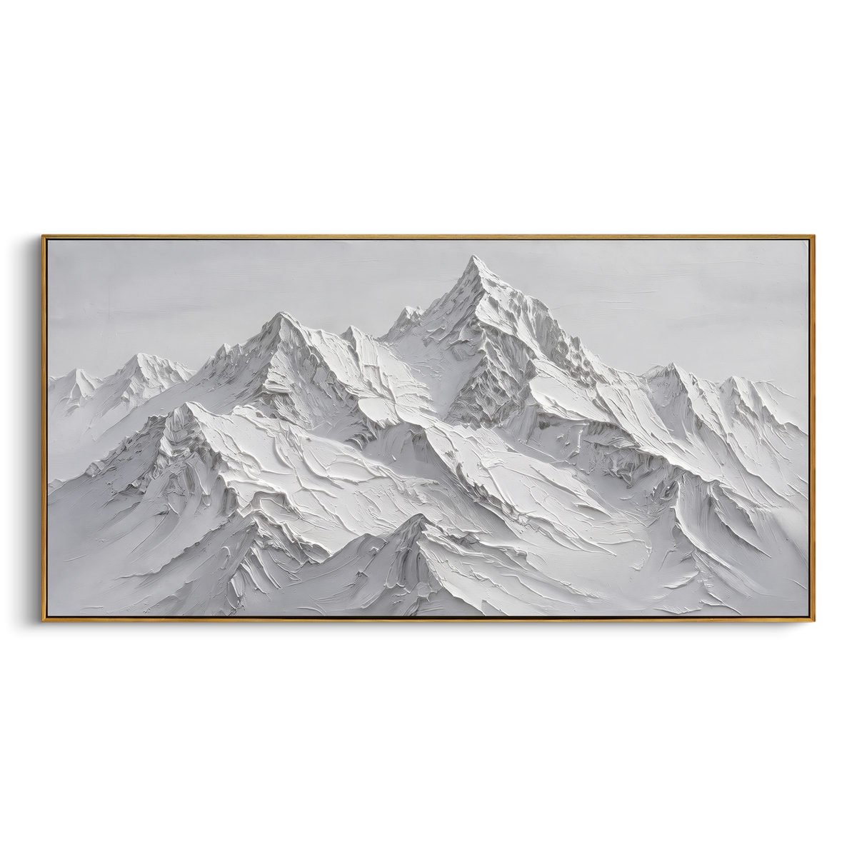 Layered Grey Alpine Crown is written from the actual artwork image, focusing on layered grey alpine crown with overlapping sharp ridges and deep snow cuts. The visible composition is specific rather than generic: overlapping triangular ridges, grey shadows inside the snow cuts, and a broad crown-like profile. The wide horizontal layout controls how the eye travels through the scene, with the mountain mass, valley floor, tree line, water edge, or small figure details arranged to create depth