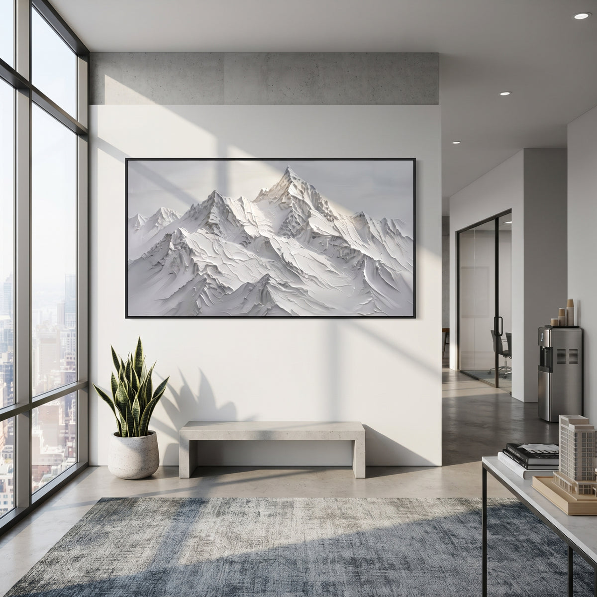 Layered Grey Alpine Crown is written from the actual artwork image, focusing on layered grey alpine crown with overlapping sharp ridges and deep snow cuts. The visible composition is specific rather than generic: overlapping triangular ridges, grey shadows inside the snow cuts, and a broad crown-like profile. The wide horizontal layout controls how the eye travels through the scene, with the mountain mass, valley floor, tree line, water edge, or small figure details arranged to create depth