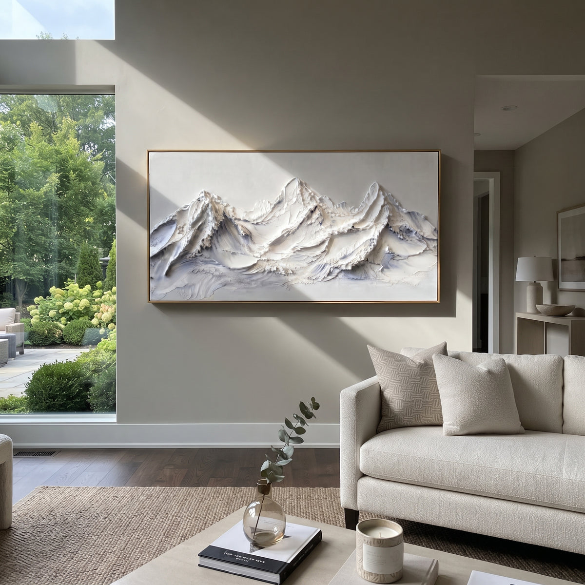 Creamy White Ridge Chain is written from the actual artwork image, focusing on creamy white ridge chain with rolling raised peaks and soft blue creases. The visible composition is specific rather than generic: rounded white mountain folds, pale cream ground, and blue crease shadows between the peaks. The wide horizontal layout controls how the eye travels through the scene, with the mountain mass, valley floor, tree line, water edge, or small figure details arranged to create depth across the