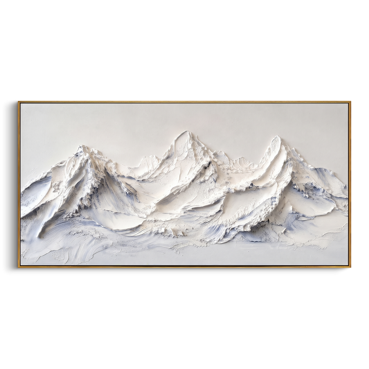 Creamy White Ridge Chain is written from the actual artwork image, focusing on creamy white ridge chain with rolling raised peaks and soft blue creases. The visible composition is specific rather than generic: rounded white mountain folds, pale cream ground, and blue crease shadows between the peaks. The wide horizontal layout controls how the eye travels through the scene, with the mountain mass, valley floor, tree line, water edge, or small figure details arranged to create depth across the