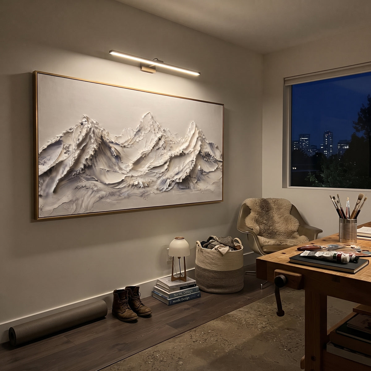 Creamy White Ridge Chain is written from the actual artwork image, focusing on creamy white ridge chain with rolling raised peaks and soft blue creases. The visible composition is specific rather than generic: rounded white mountain folds, pale cream ground, and blue crease shadows between the peaks. The wide horizontal layout controls how the eye travels through the scene, with the mountain mass, valley floor, tree line, water edge, or small figure details arranged to create depth across the
